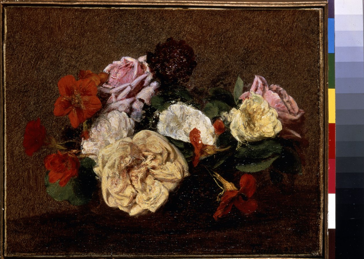 Rosor och nasturtium i en vas. Målning av Henri Fantin-Latour (Fantin Latour av Ignace Henri Jean Fantin Latour