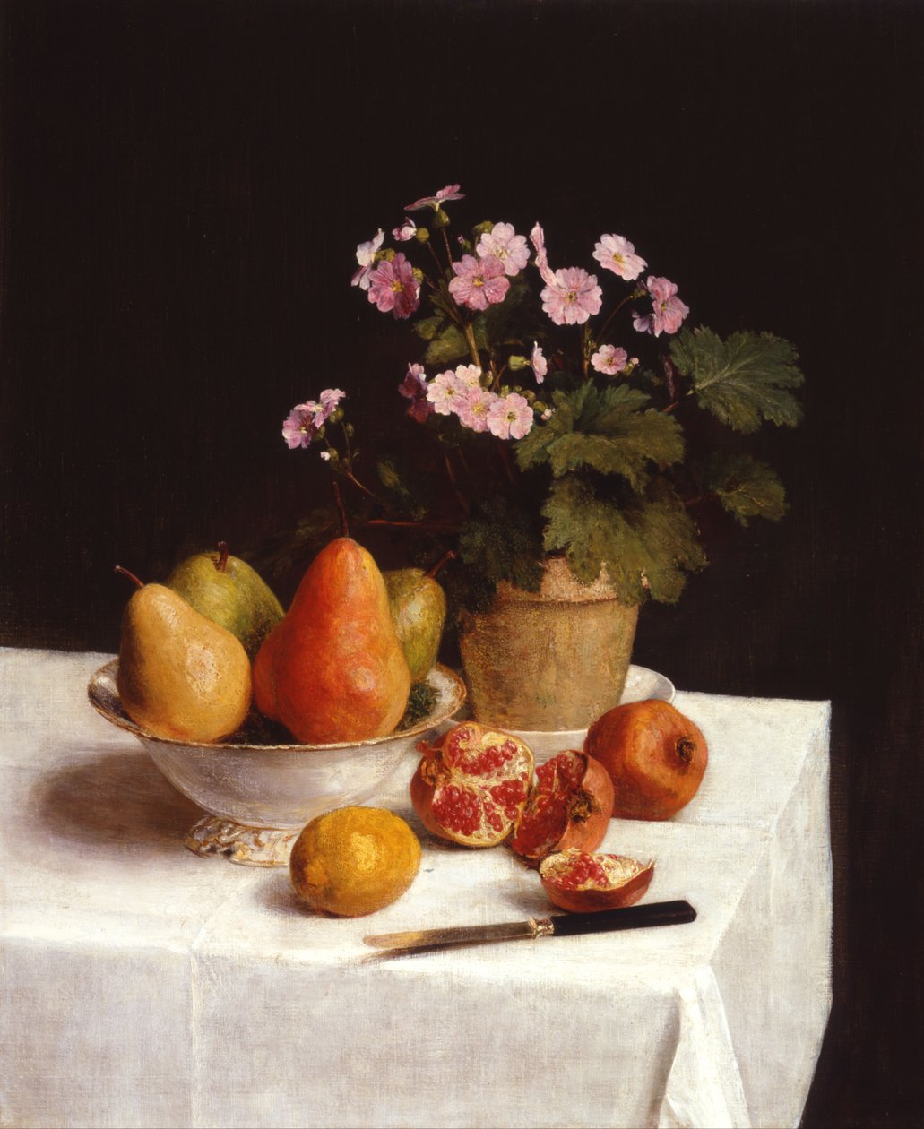 Nature morte (primula, päron och granatäpplen) Still life (primula, päron och granatäpplen) av Henri Fantin-Latour