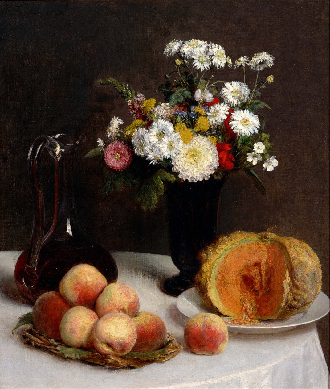 Stilleben med blommor, frukt och vinbehållare. av Henri Fantin-Latour