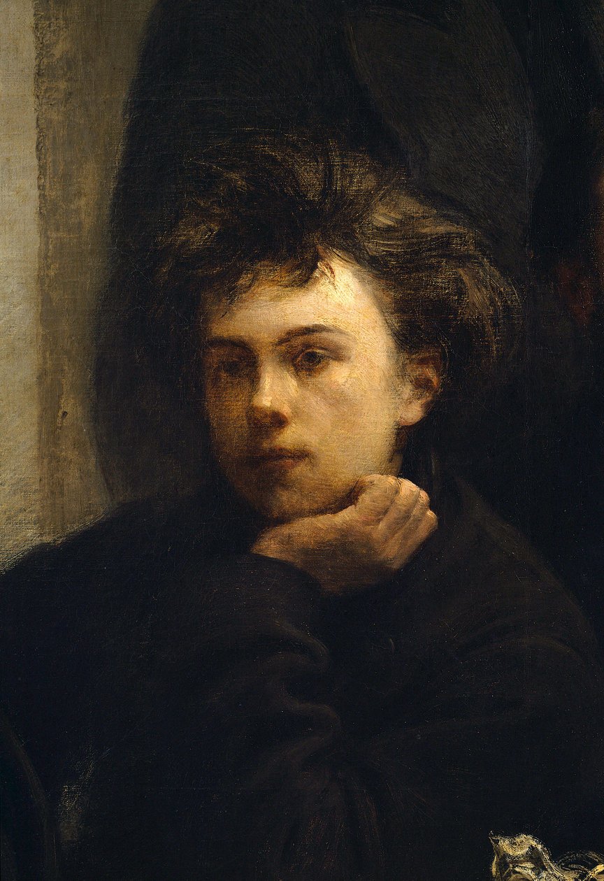 Ett hörnbord, detalj. Porträtt av Arthur Rimbaud (1854 - 1891), fransk poet. Målning av Henri Fantin Latour (Fantin-Latour av Ignace Henri Jean Fantin Latour