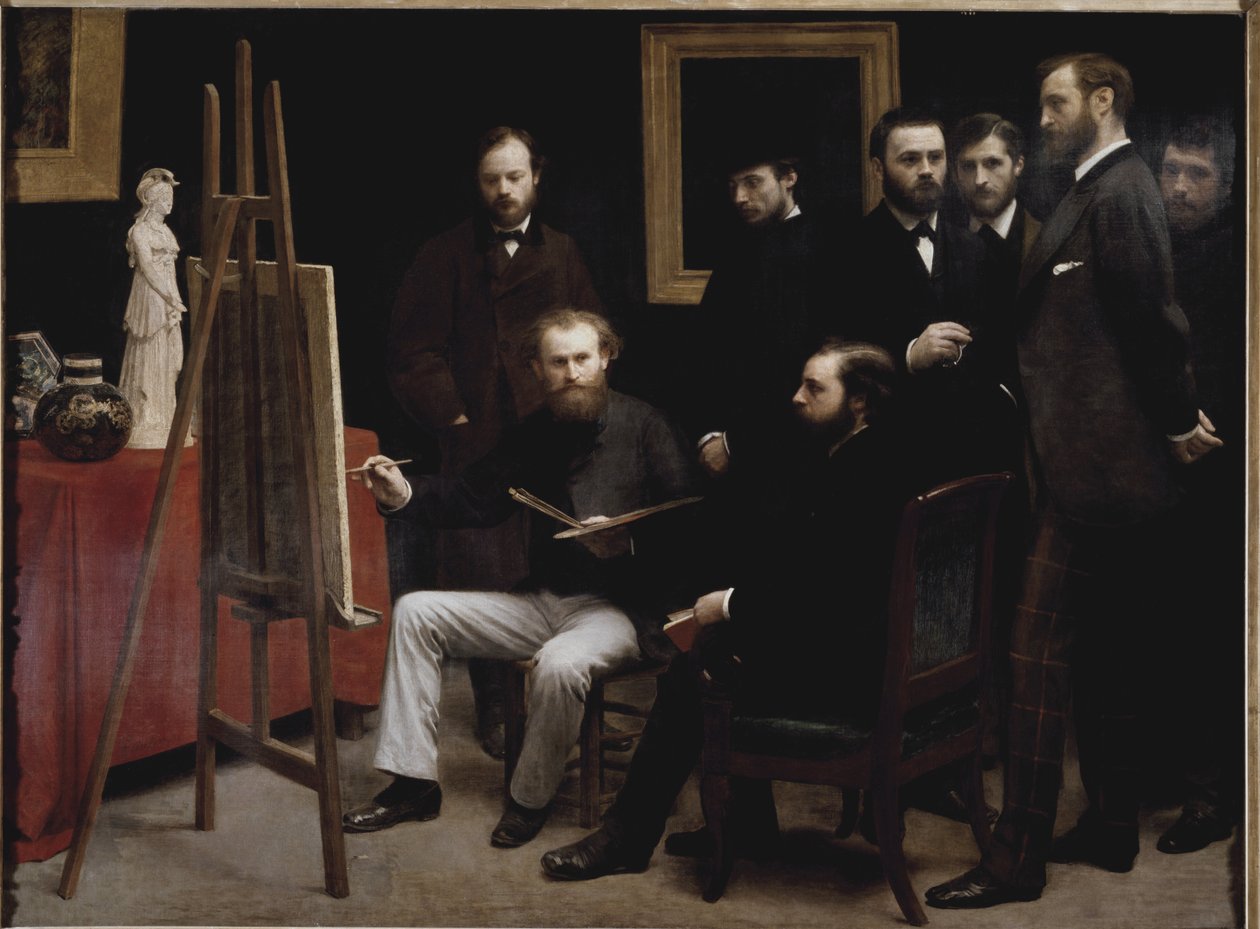 En workshop på Batignolles (med flera porträtt av konstnär) (olja på duk av Ignace Henri Jean Fantin Latour