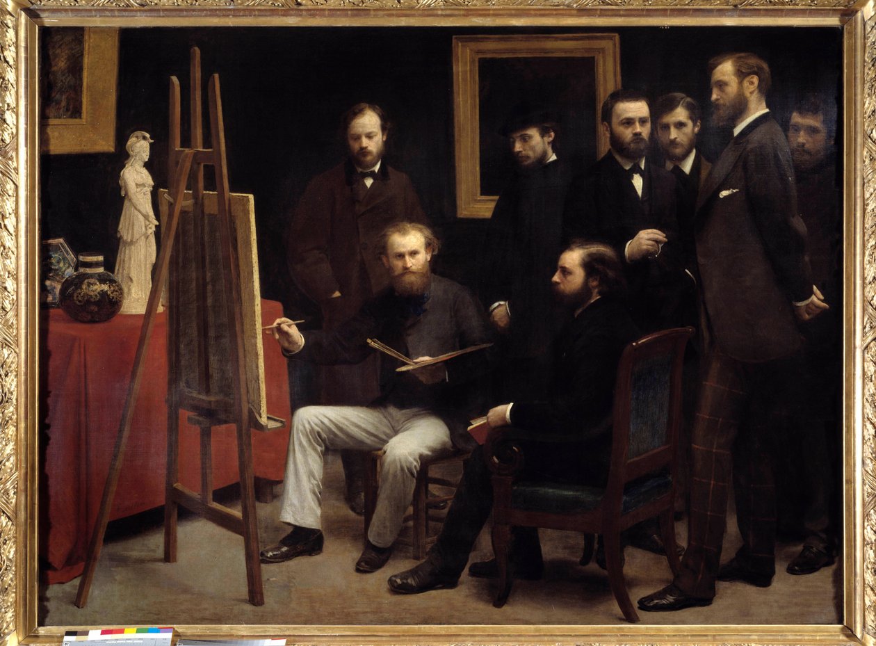 En workshop på Batignolles. Bland de närvarande karaktärerna: Otto Scholderer, Edouard Manet (1832-1883) som sitter i centrum, Pierre Auguste Renoir (1841-1919), Zacharie Astru (1835-1907), Emile Zola (1840-1902), Edmond Maitre (1840- 1888), Frederic Bazil av Ignace Henri Jean Fantin Latour