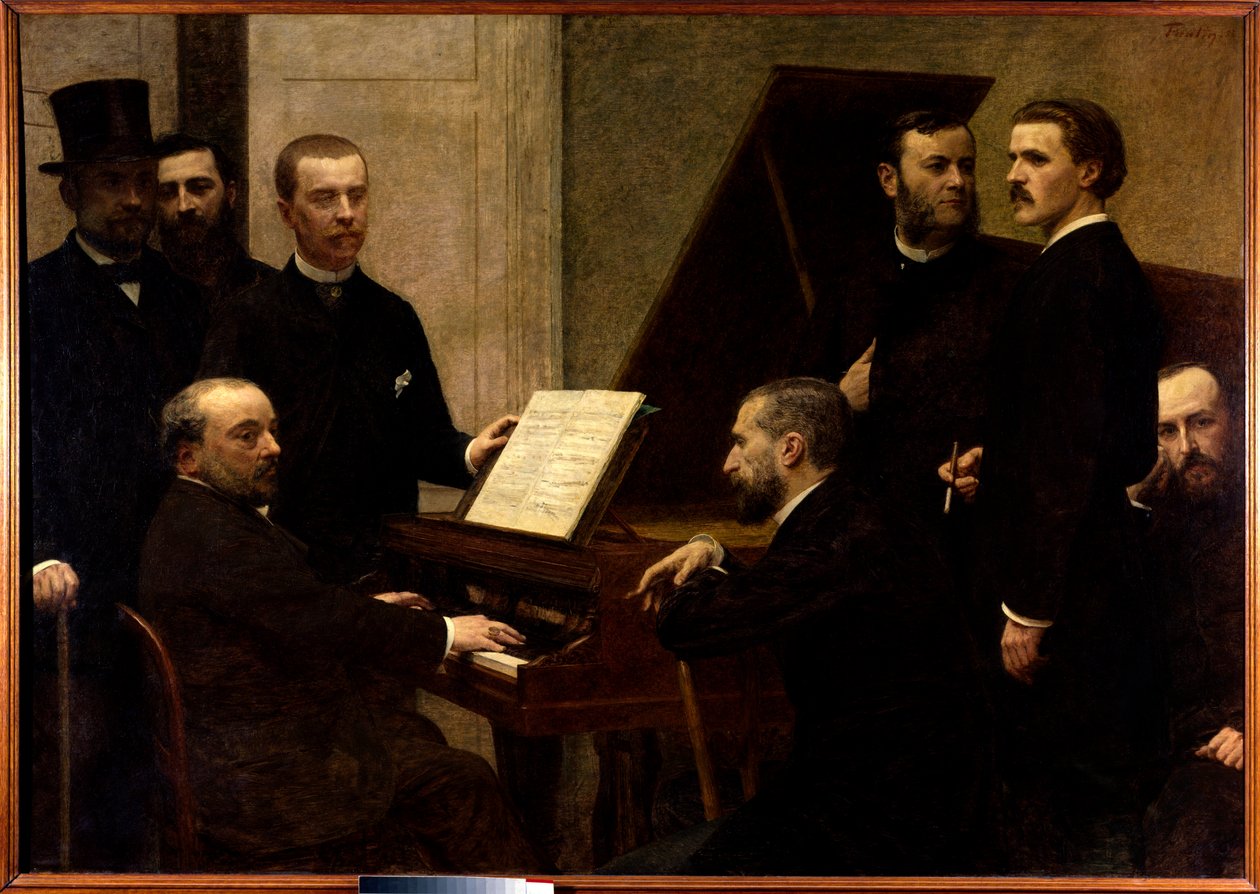 Runt pianot Sittande från vänster till höger, Emmanuel Chabrier, Edmond Maitre och Amedee Pigeon. Standing, Adolphe Julien, Arthur Boisseau, Camille Benoit, Antoine Lascoux och Vincent d