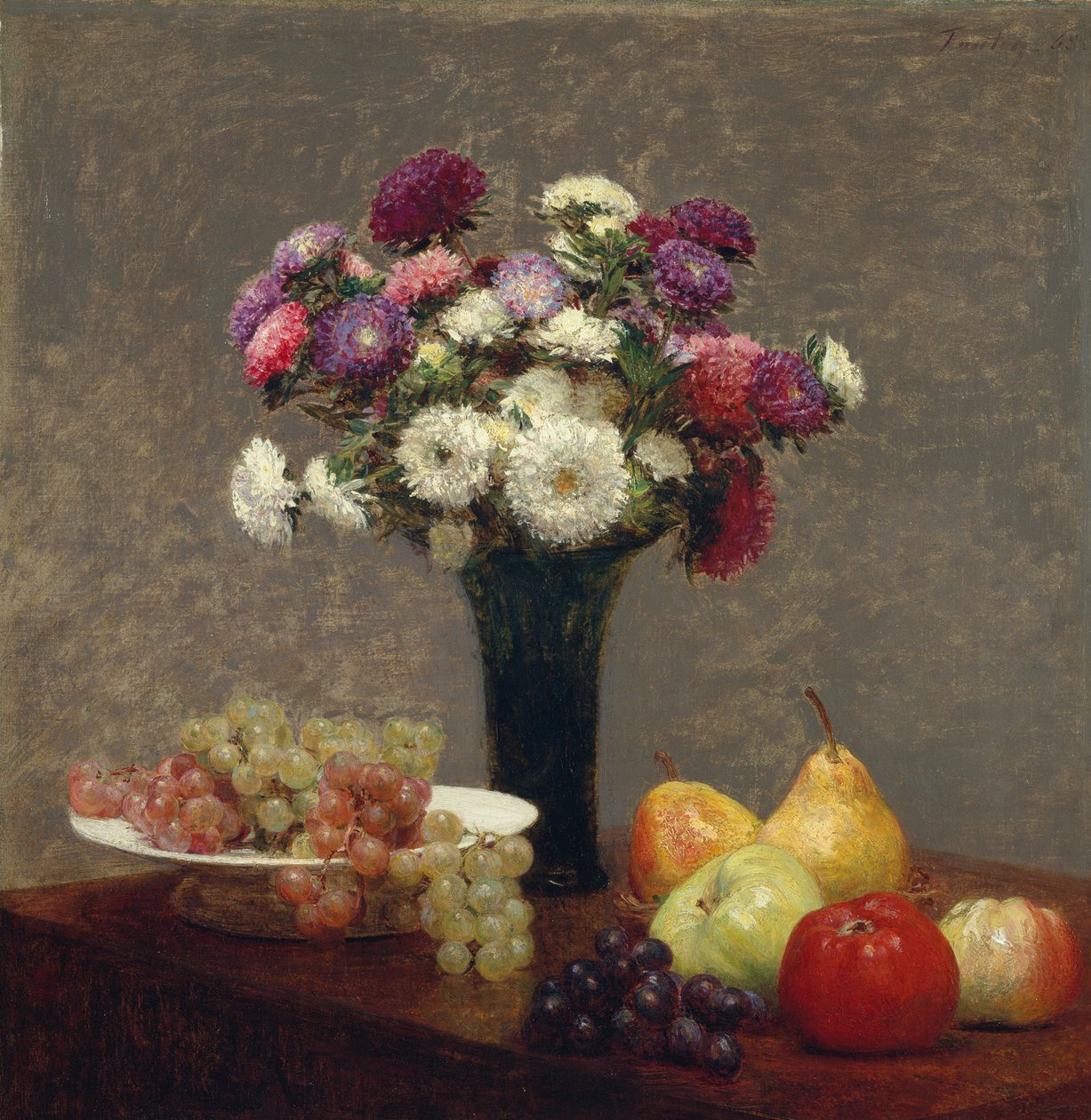 Asters och frukt på ett bord, 1868. av Ignace Henri Jean Fantin Latour