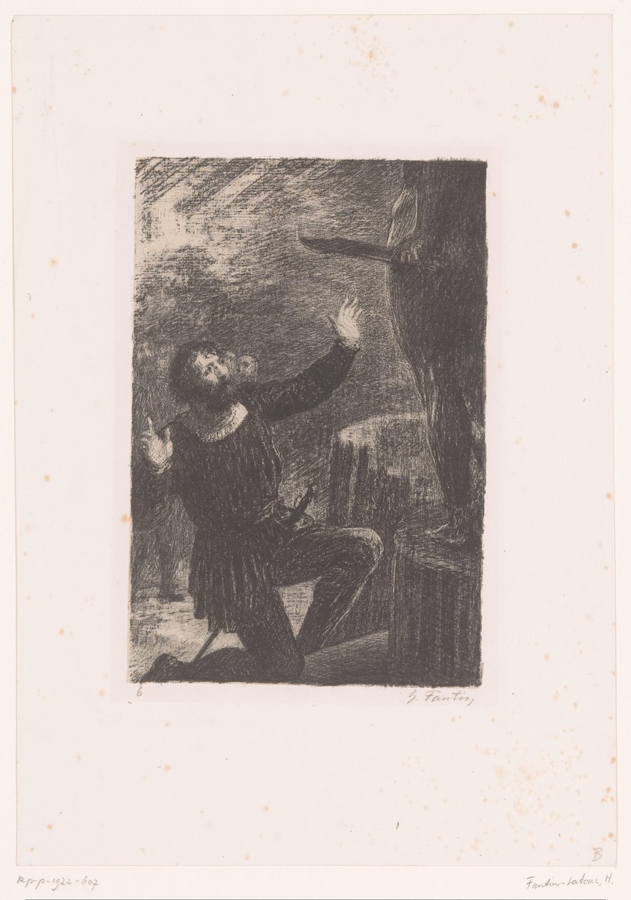Cellini knäböjer framför sin bronsstaty av Perseus Benvenuto Cellini. Akt III. La Fonte du Persee Hector Berlioz liv och verk (serietitel) av Ignace Henri Jean Fantin Latour