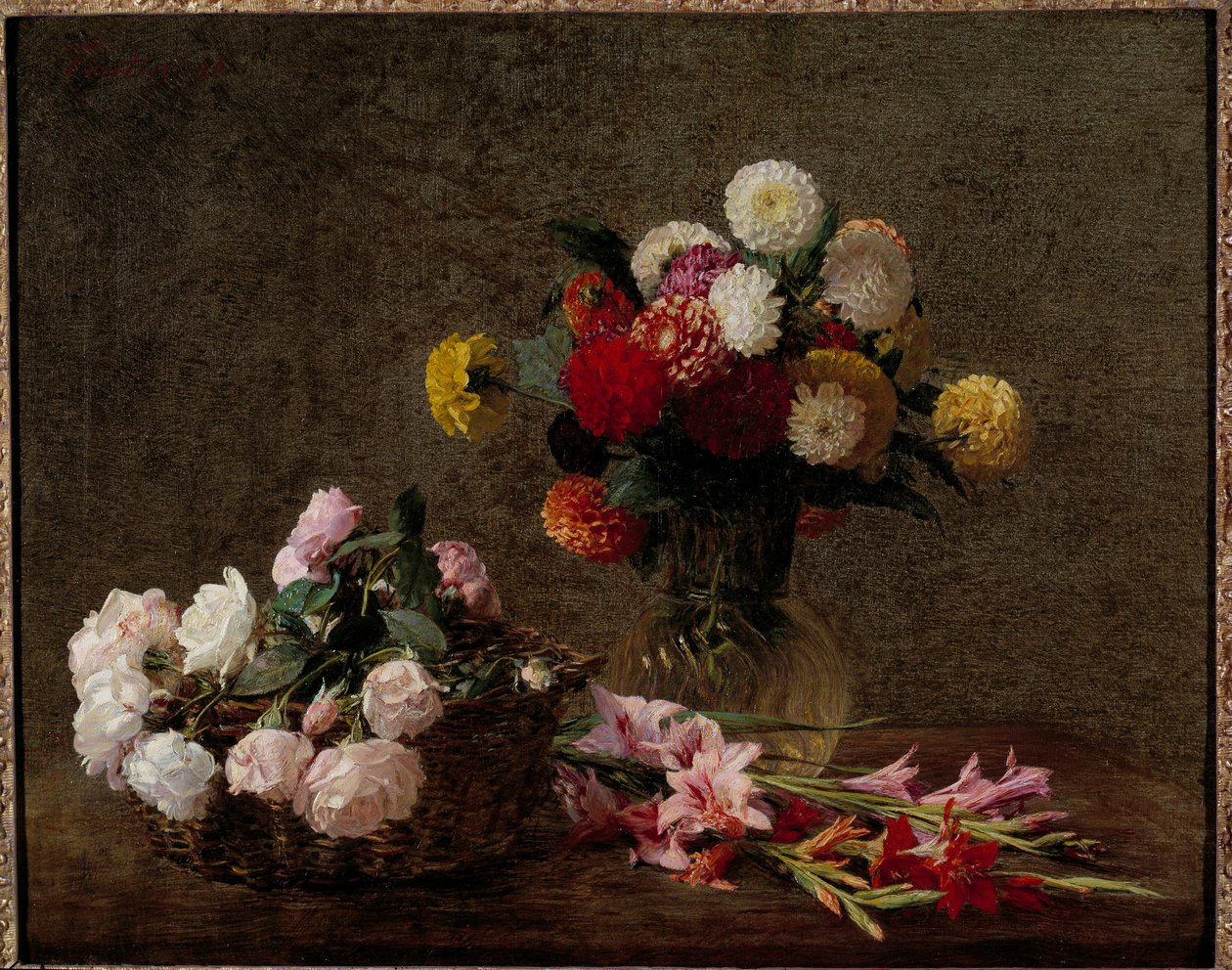Dahlior och rosor i en korg Målning av Henri Fantin Latour (Fantin-Latour av Ignace Henri Jean Fantin Latour