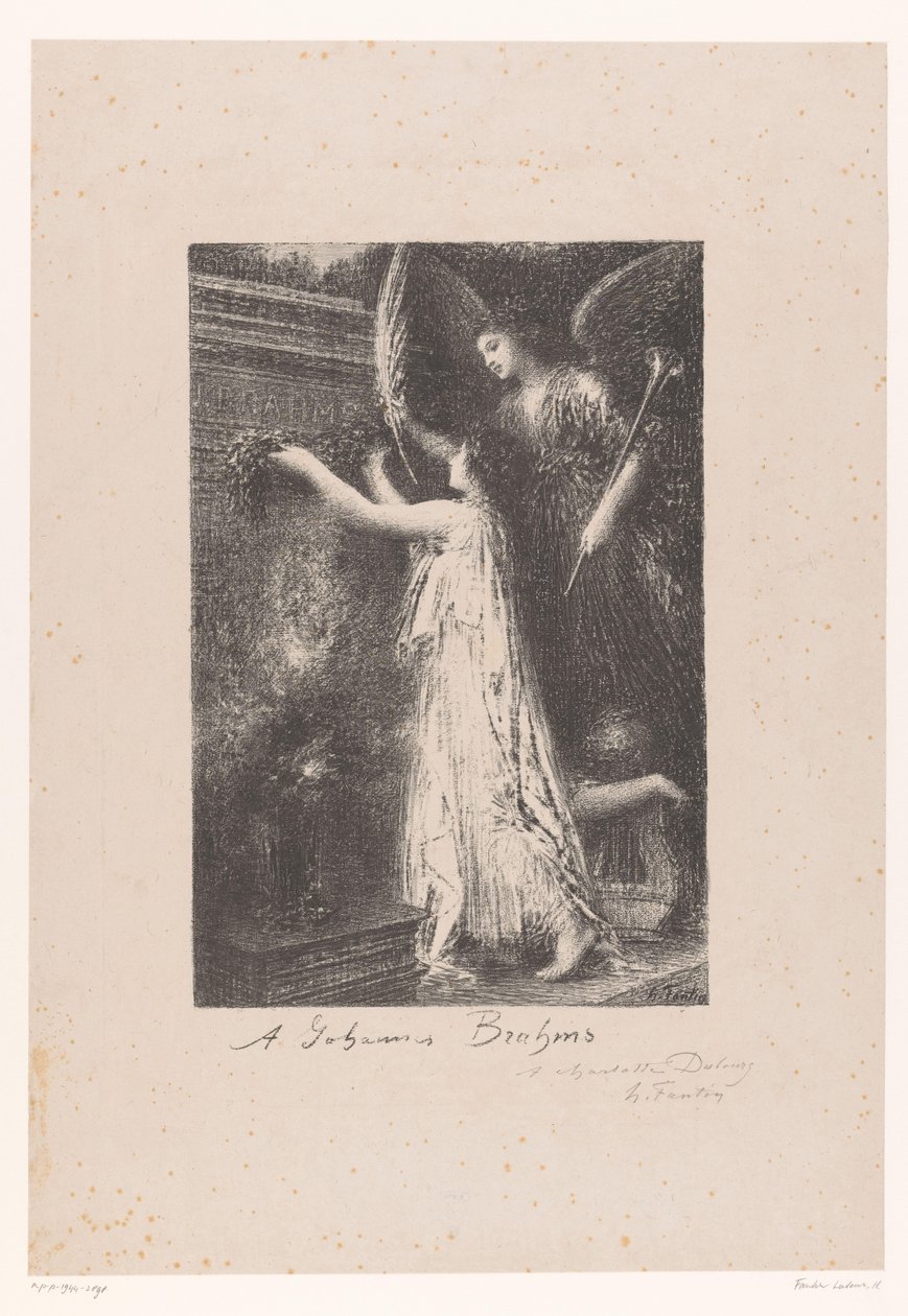 Ängel och personifiering av berömmelse ger en hederskrans vid Johannes Brahms grav Á Johannes Brahms (titel på objekt) av Ignace Henri Jean Fantin Latour