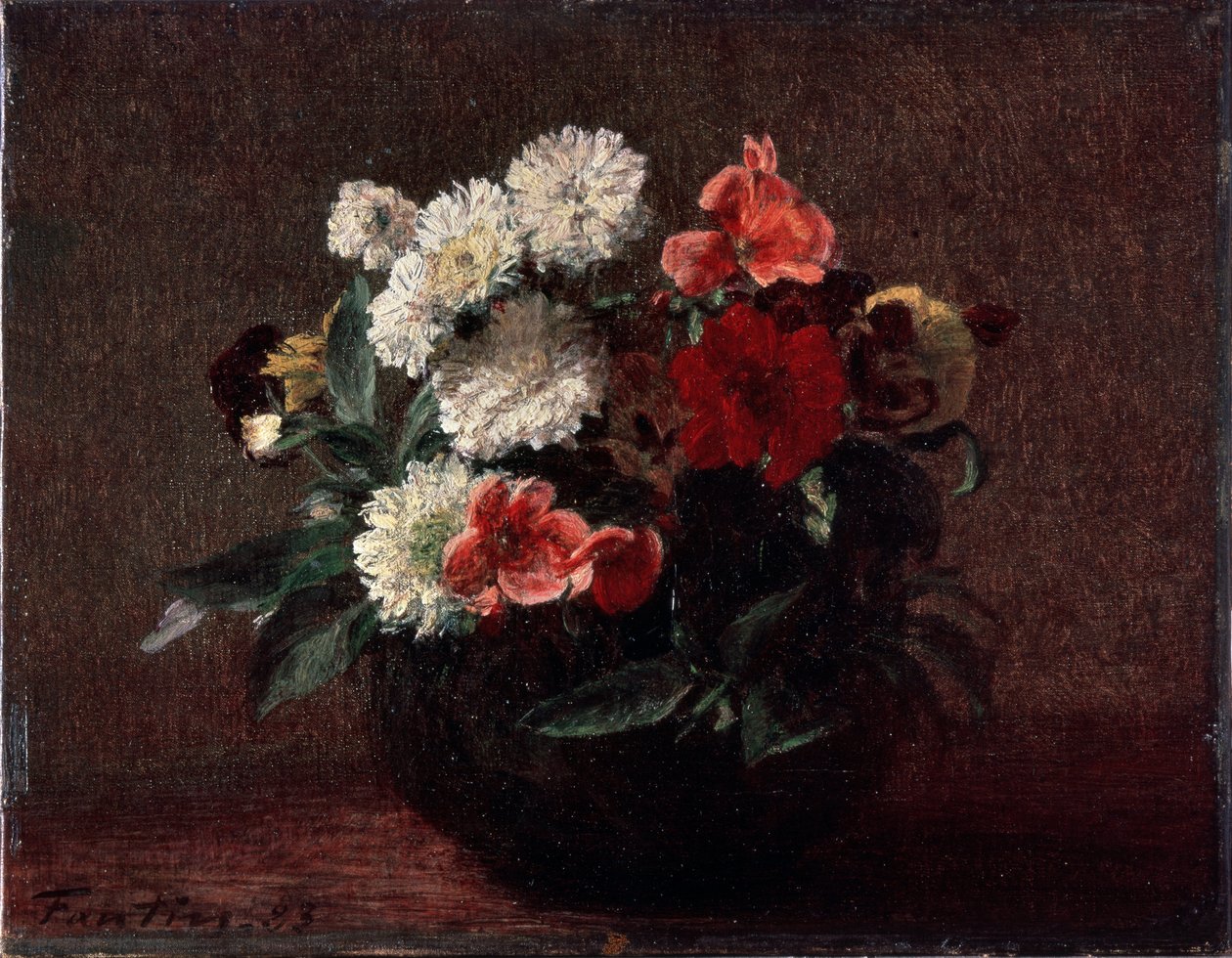 Blommor i en vas av fajans. Målning av Henri Fantin-Latour (Fantin Latour av Ignace Henri Jean Fantin Latour