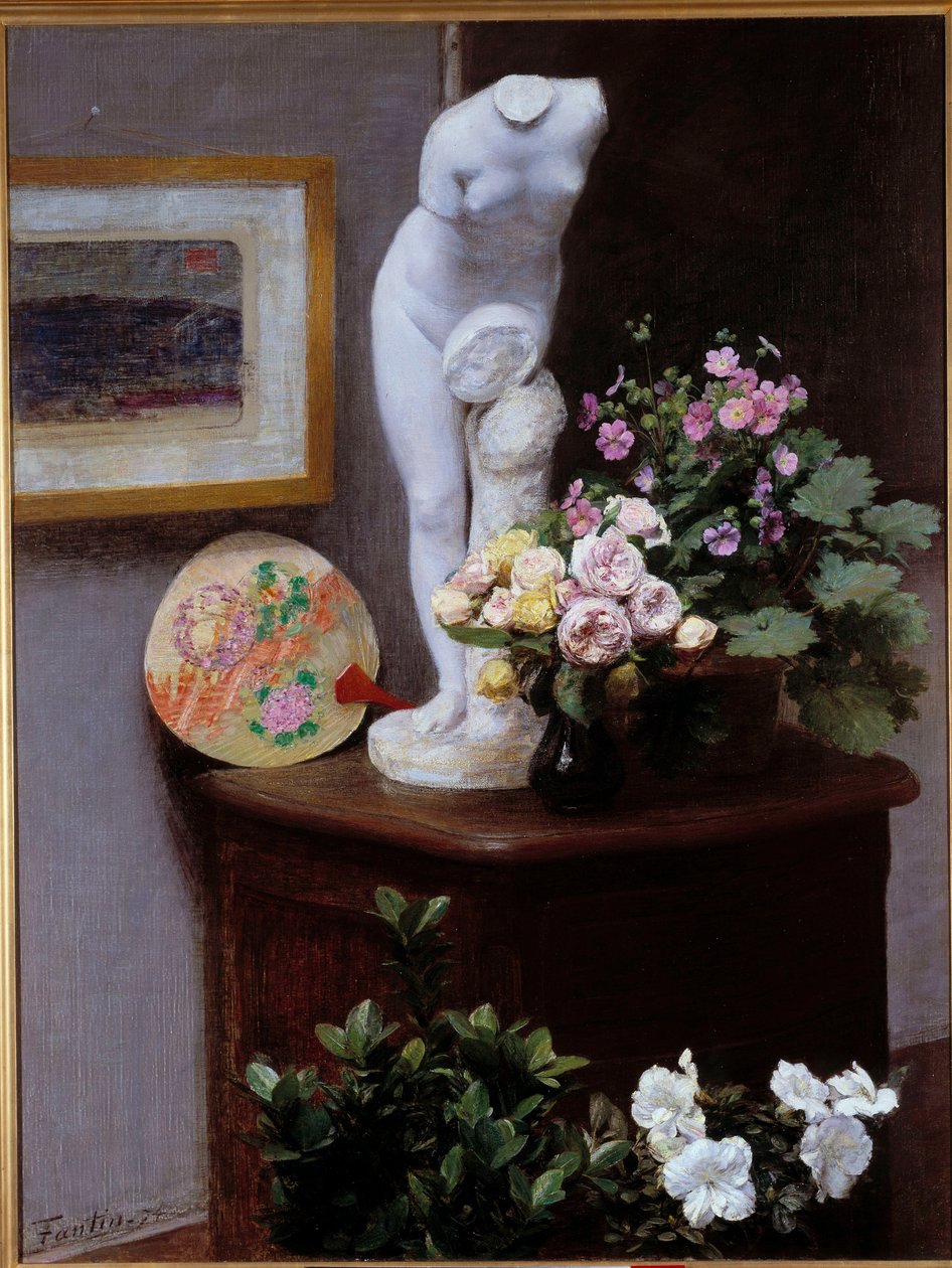 Blommor och föremål Målning av Henri Fantin Latour (Fantin-Latour av Ignace Henri Jean Fantin Latour