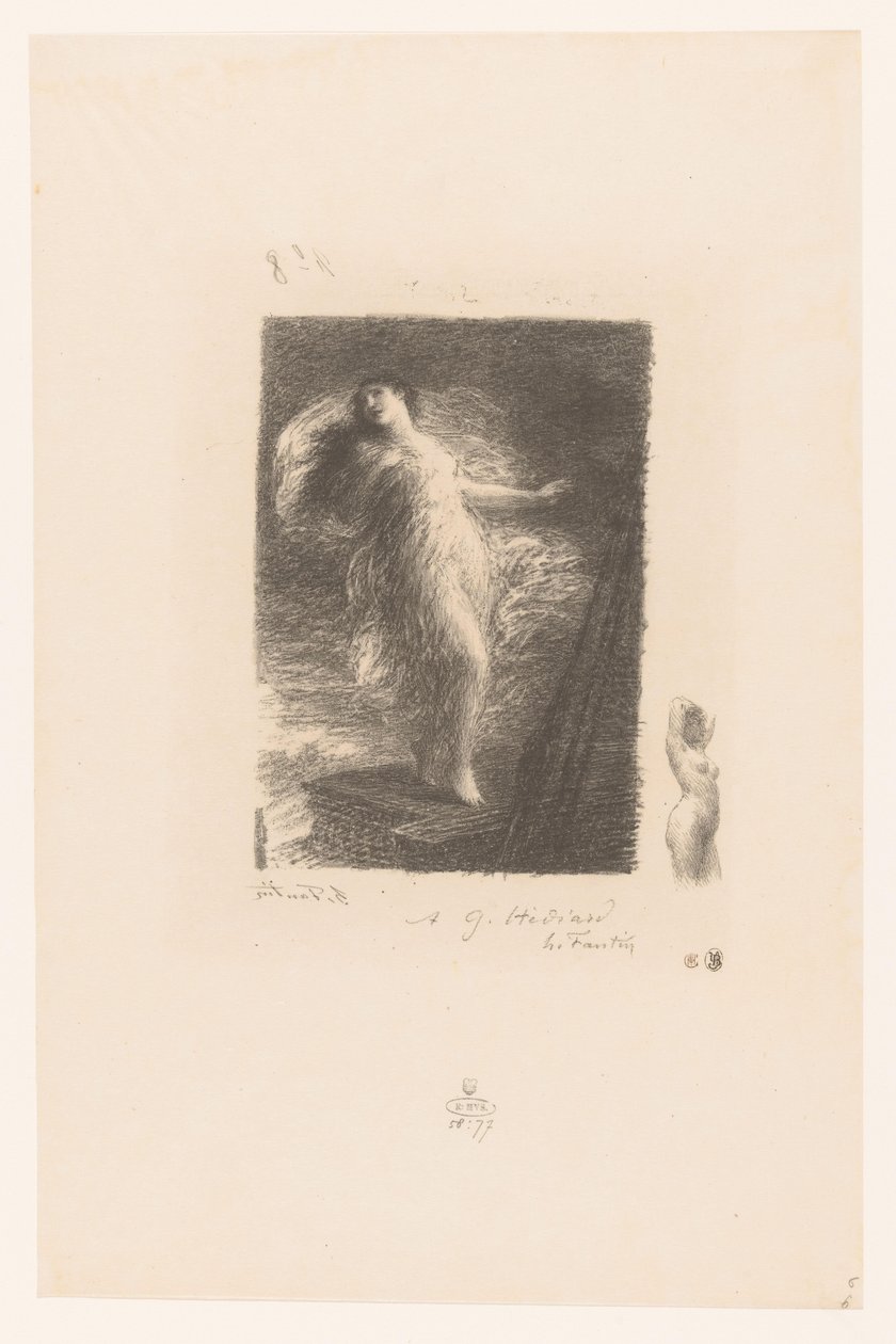 Jonge kvinna ut Taranto valt van de boeg van ett fartyg Den unge Tarentinen Elegy XX (I gammal stil) Gedichten van André Chénier (serietitel) Illustrationer till André Chéniers dikter (serietitel) av Ignace Henri Jean Fantin Latour