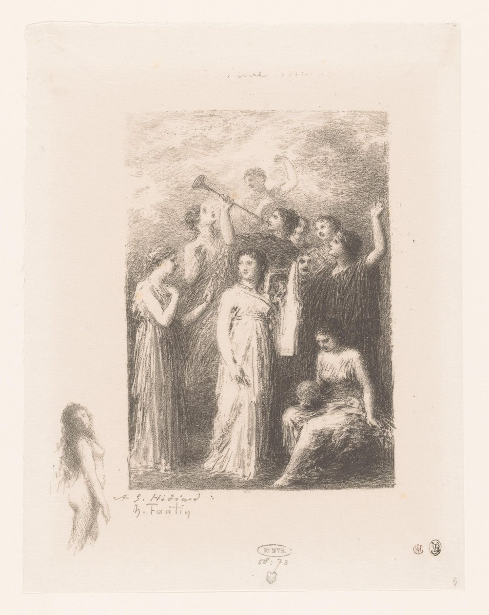Negen muzen van de Olympus Frontispice: The Blind Gedichten van André Chénier (serietitel) Illustrationer till André Chéniers dikter (serietitel) av Ignace Henri Jean Fantin Latour
