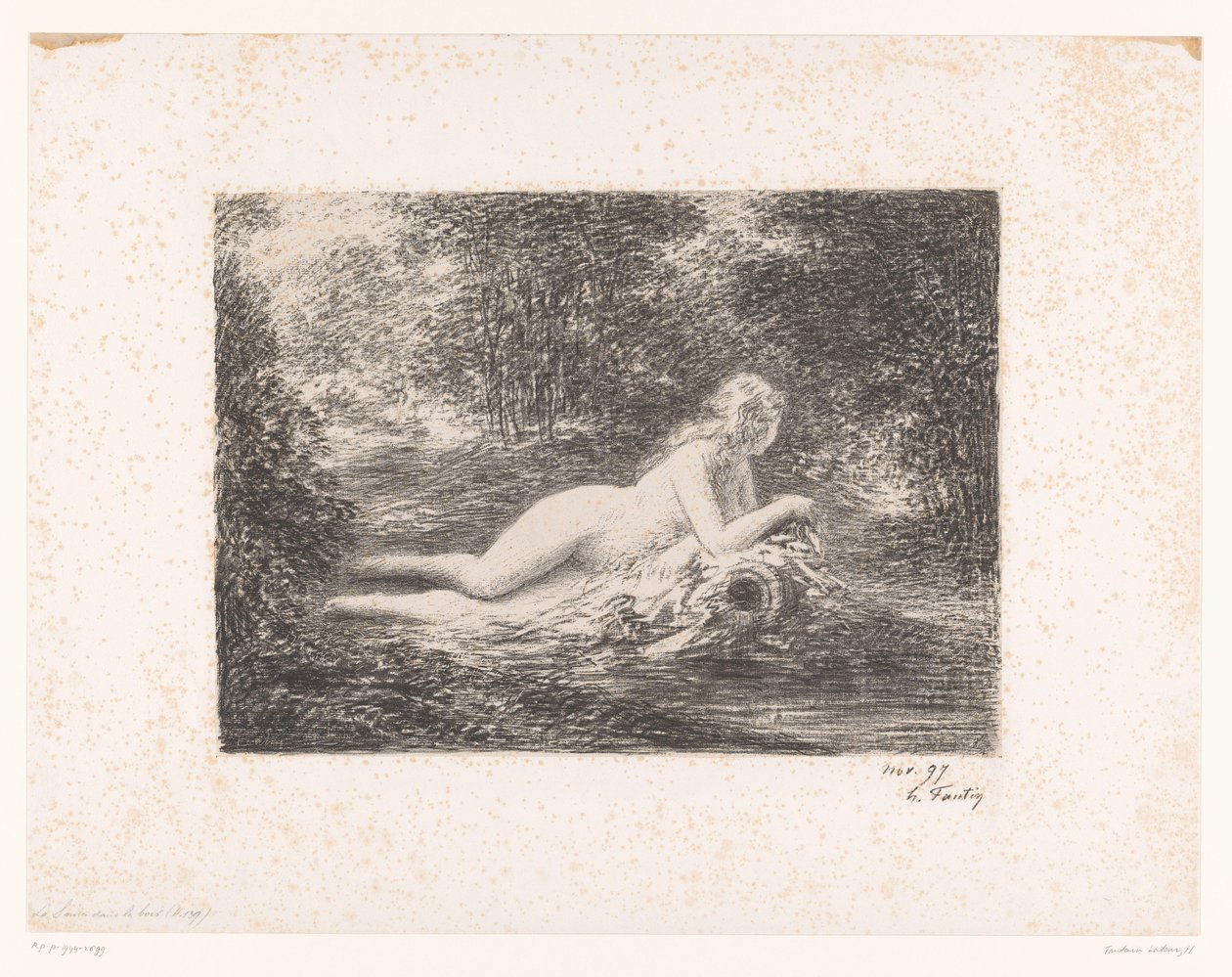 Nymf med vattenkanna vid en skogsbäck La source dans les bois (titel på objekt) av Ignace Henri Jean Fantin Latour