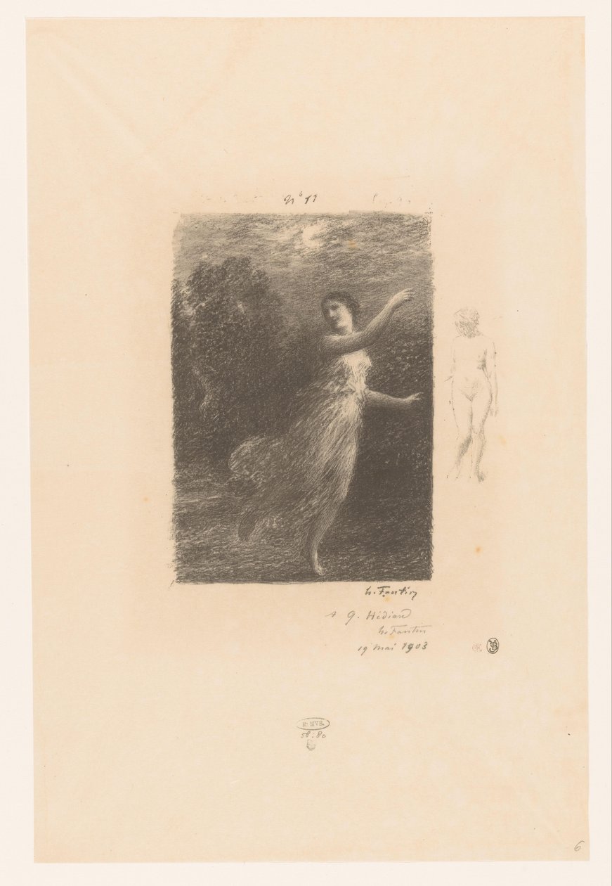 Nimf flight weg för sater På natten den vandrande nymfen Bukoliker. Idyller och fragment av idyller. XXIV Gedichten van André Chénier (serietitel) Illustrationer till André Chéniers dikter (serietitel) av Ignace Henri Jean Fantin Latour