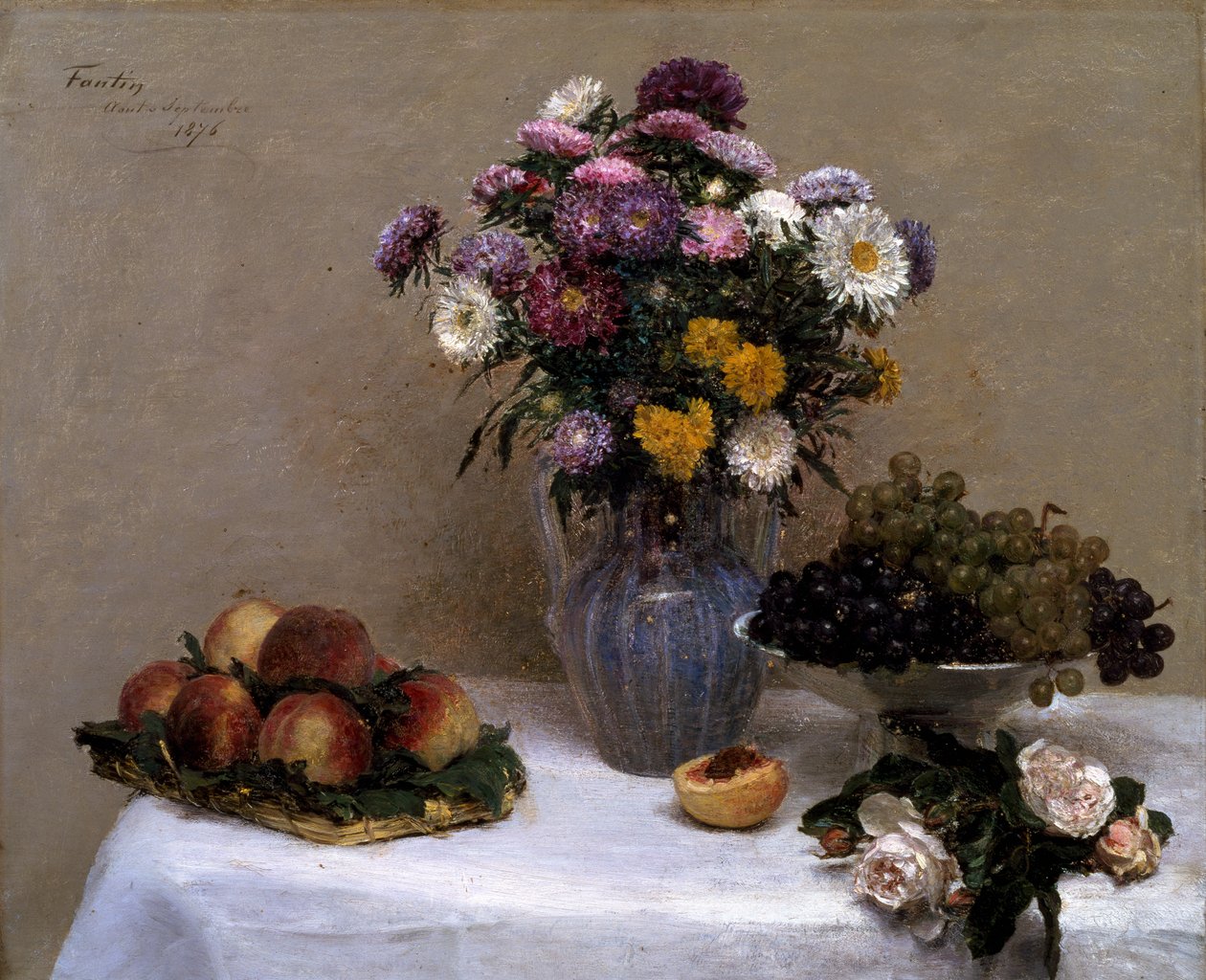 Vita rosor och krysantemum i en vas av Ignace Henri Jean Fantin Latour