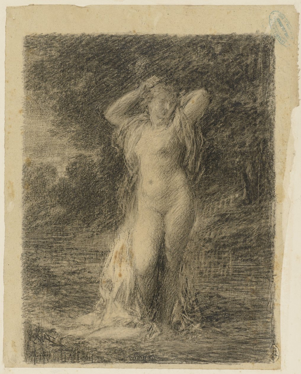Stående naken kvinna i ett skogslandskap med vatten av Ignace Henri Jean Fantin Latour