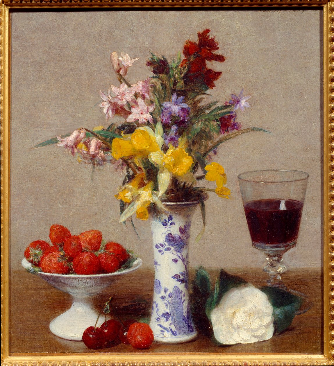 Stilleben kallas förlovningen Ett glas rött vin, en bukett melange, körsbär och jordgubbar. Målning av Henri Fantin Latour (Fantin-Latour) (1836-1904) 1869 sön. 0,32x0,29 m Grenoble, musee des Beaux Arts av Ignace Henri Jean Fantin Latour
