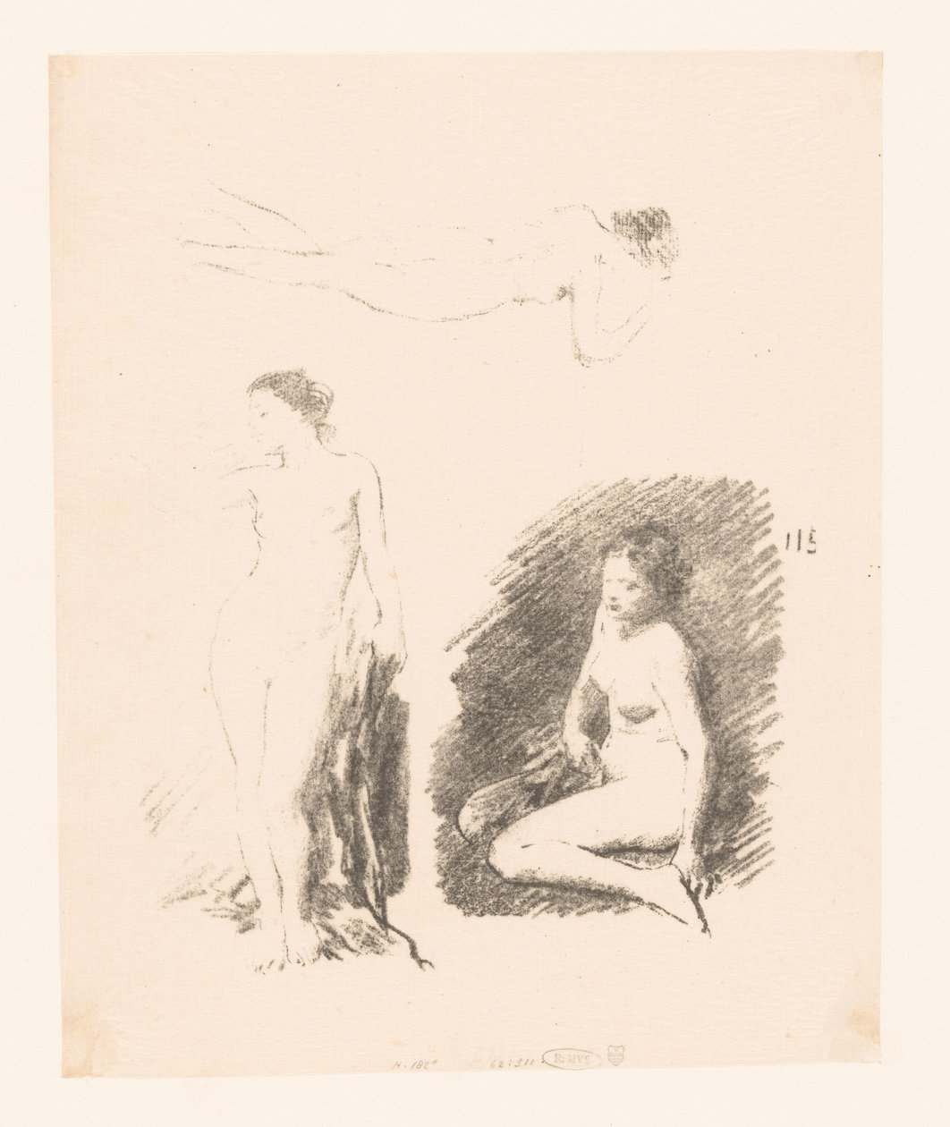 Studieblad med tre nakna kvinnor av Ignace Henri Jean Fantin Latour