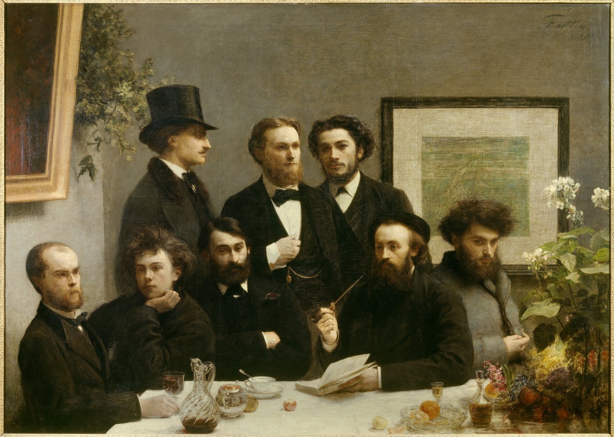Bordshörn Representation av ett möte mellan, från vänster till höger, Paul Verlaine, Arthur Rimbaud, Elzear Bonnier, Leon Valade, Emile Blemont, Jean Aicart, Ernest d