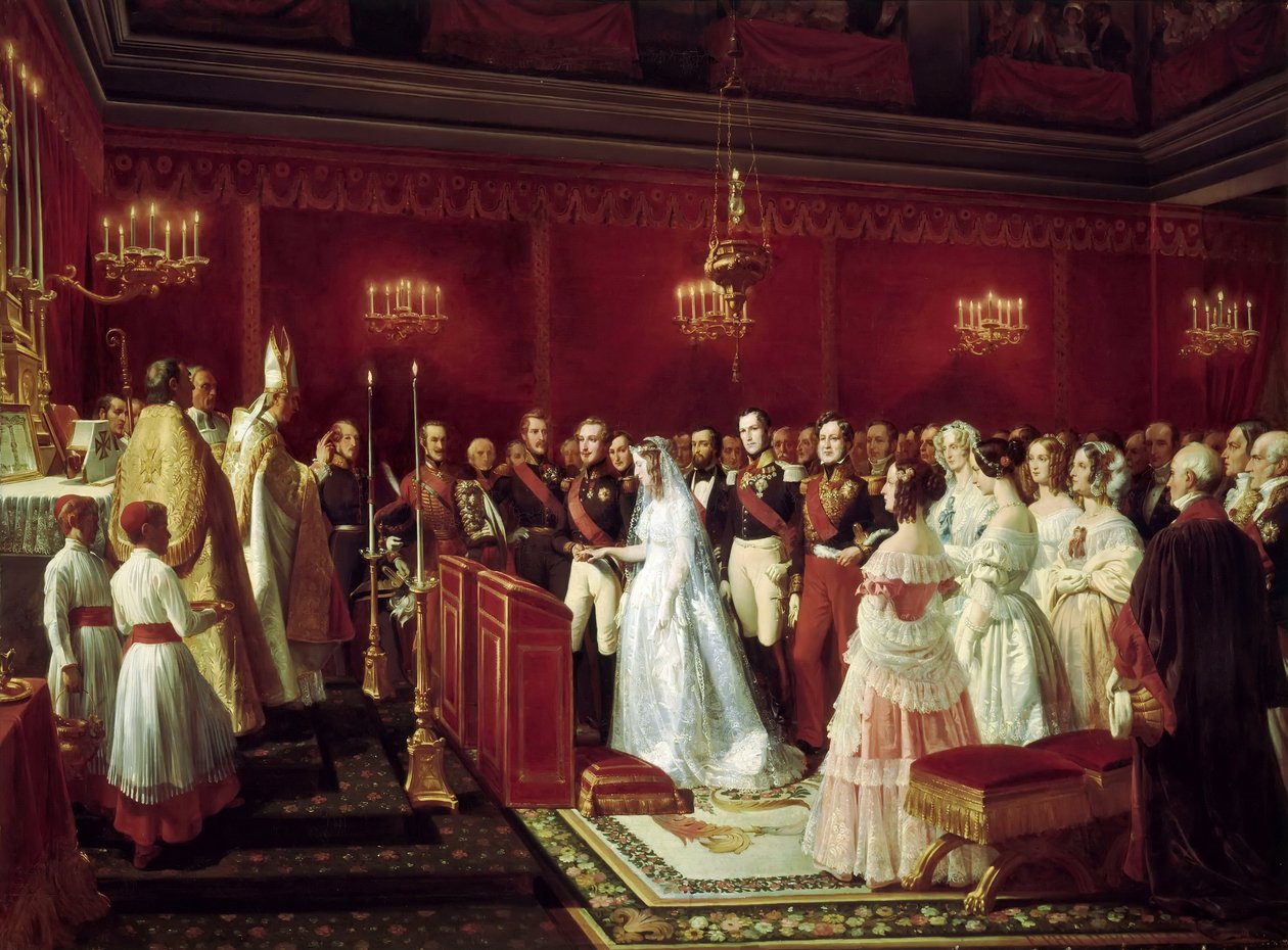 Äktenskap mellan prinsessan Victoria av Saxe-Coburg och prins Louis, hertigen av Nemours i Saint-Cloud, 27 apr. av Henri Felix Emmanuel Philippoteaux