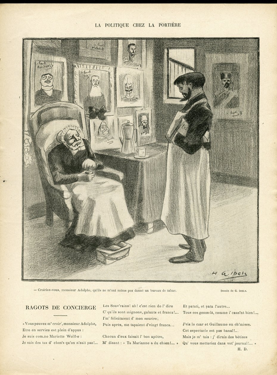 Illustration av H. G. Ibels (1867-1936) i Le Rire, 08/01/10 - Politics in the Portiere - Foreign Sovereigners, Identifier - Loubet Emile av Henri Gabriel Ibels