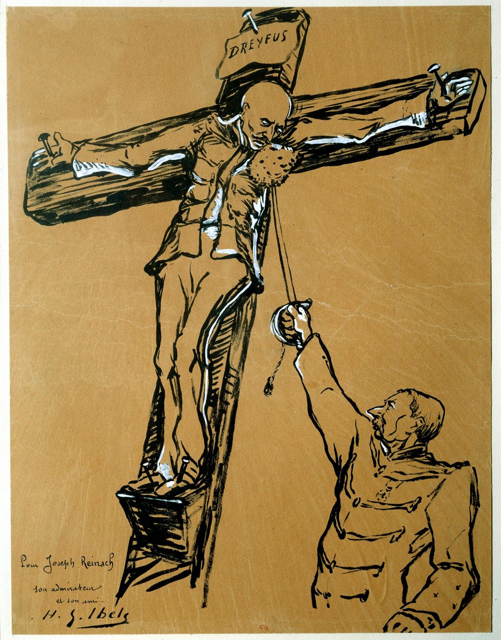 Satir om Dreyfus-affären: "" Kapten Dreyfus och general Mercier (1833-1921): krigsministern som dömde Dreyfus, i den romerske soldatens ställe, sträcker ut en svamp till kapten Dreyfus korsfäst så att han torkar sitt ansikte" ” Kinesiskt bläck och gouac av Henri Gabriel Ibels