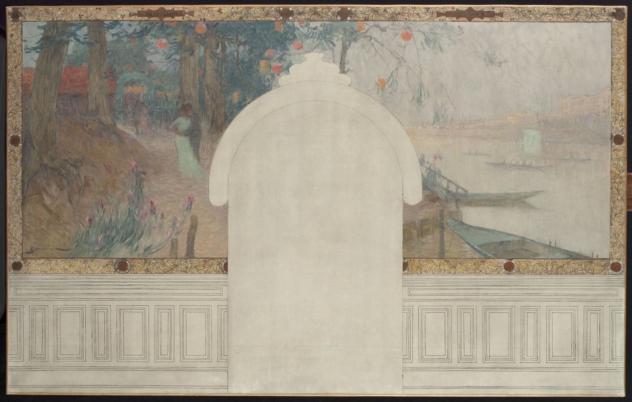 Skiss för rådhuset i Asnières: Våren. Seine vid Asnières, ca 1900 (olja på tusch på duk) av Henri Gaston Darien