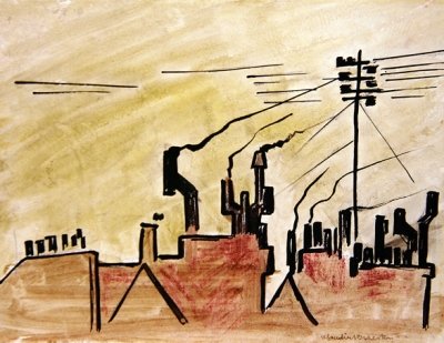 London Roof (bläck & färgad krita på papper) av Henri Gaudier Brzeska