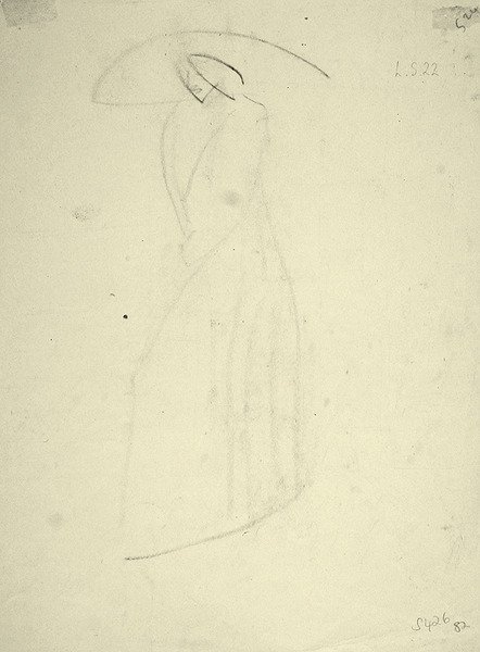 Stående hona med en stor hatt (svart krita på papper) av Henri Gaudier Brzeska