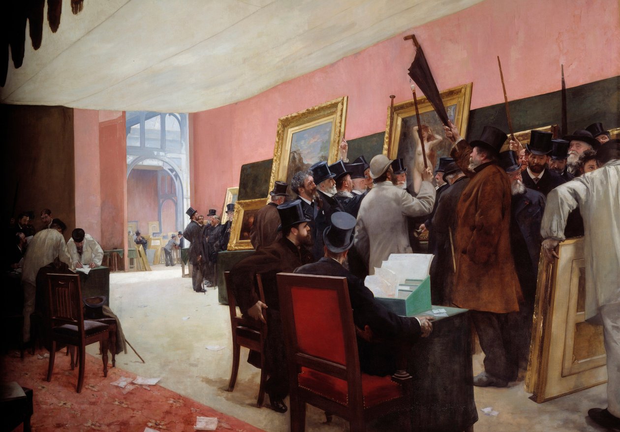 En session med målarjuryn vid Salon des artistes français (1883) vid Palais de l