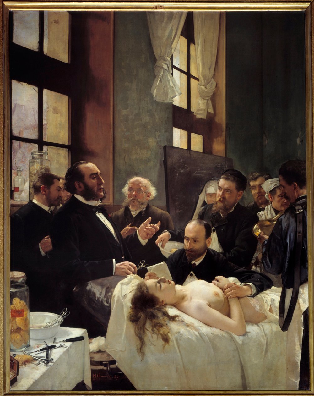 Dr Jules Emile (Jules-Emile) Pean (1830-1898) undervisade vid Saint Louis sjukhus sin upptäckt av att fartyg klämdes eller ""Före operationen"" Målning av Henri Gervex (1852-1929) 1887 Sön. 2,42x1,88 m Paris, musee d