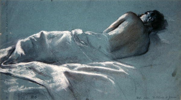 Studie för Le Blesse de Guerre (kol med röd och vit krita på blått papper) av Henri Gervex