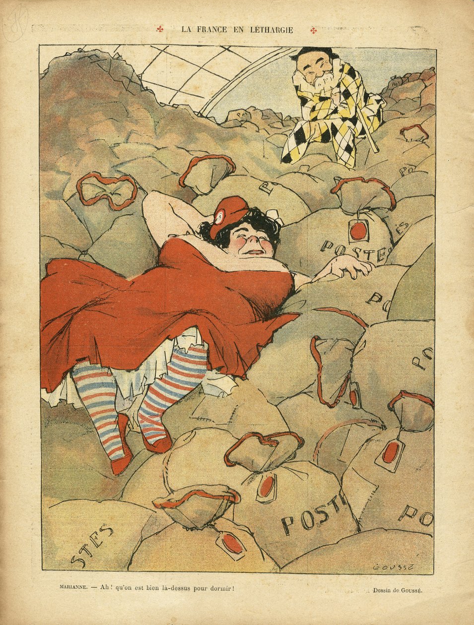 Illustration av Henri Gousse (1872-1914) i Le Rire, 03/04/09 - La France en lethargie - Social, Greve, Courrier La Poste Postal - Clemenceau George, Marianne av Henri Gousse