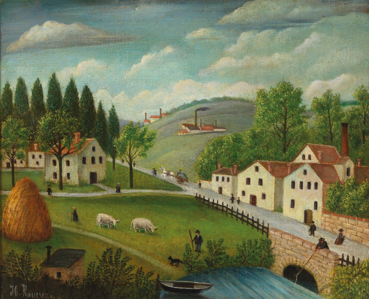 Pastoralt landskap med bäck, fiskare och barnvagnar, ca. 1875-80 (olja på duk) av Henri J.F. Rousseau
