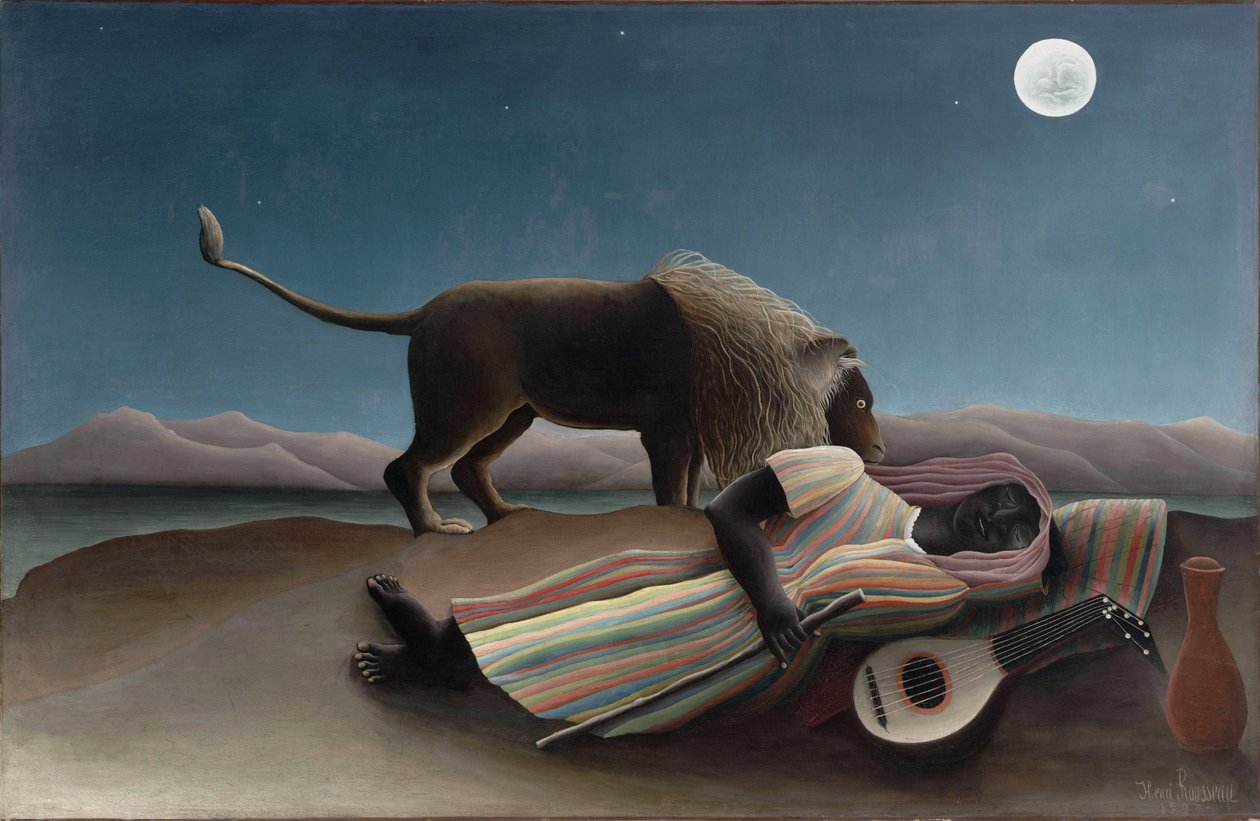 ""Den sovande zigenaren"" Målning av Henry Rousseau känd som Douanier Rousseau (1844-1910) 1897 Mått 129,5x200,7 cm New York, Museum of Modern Art av Henri J.F. Rousseau