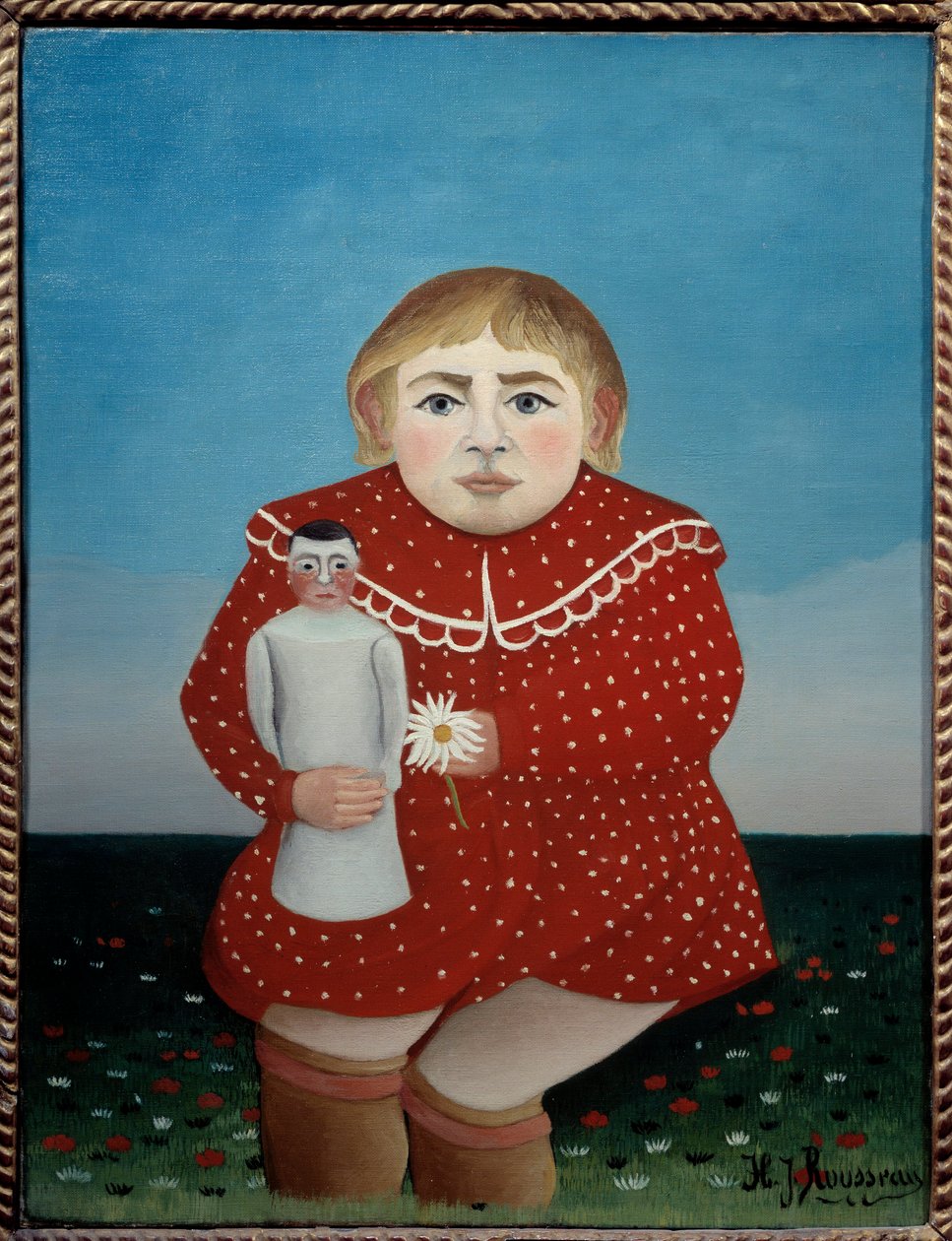 Barnet med dockan Målning av Henri Rousseau dit le Douanier (1844-1910) 1904 Sön. 0,67x0,52 m Paris, Orangeriemuseet - Barn med docka. Målning av Henri Rousseau kallad Le Douainier Rousseau (1844-1910) av Henri J.F. Rousseau