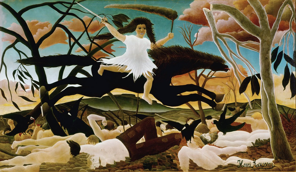 The War or the Riding of Discord Målning av Henri Rousseau dit le Douanier Rousseau (1844-1910). 1894. Sön 114x195 Paris, Musee d
