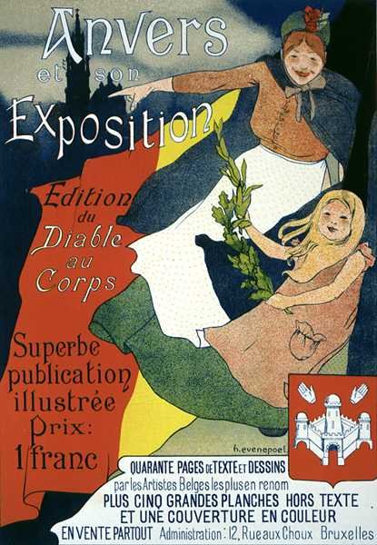 Reproduktion av en affisch med reklam för den illustrerade publikationen från utställningen i Antwerpen (färglitografi) av Henri Jacques Edouard Evenepoel