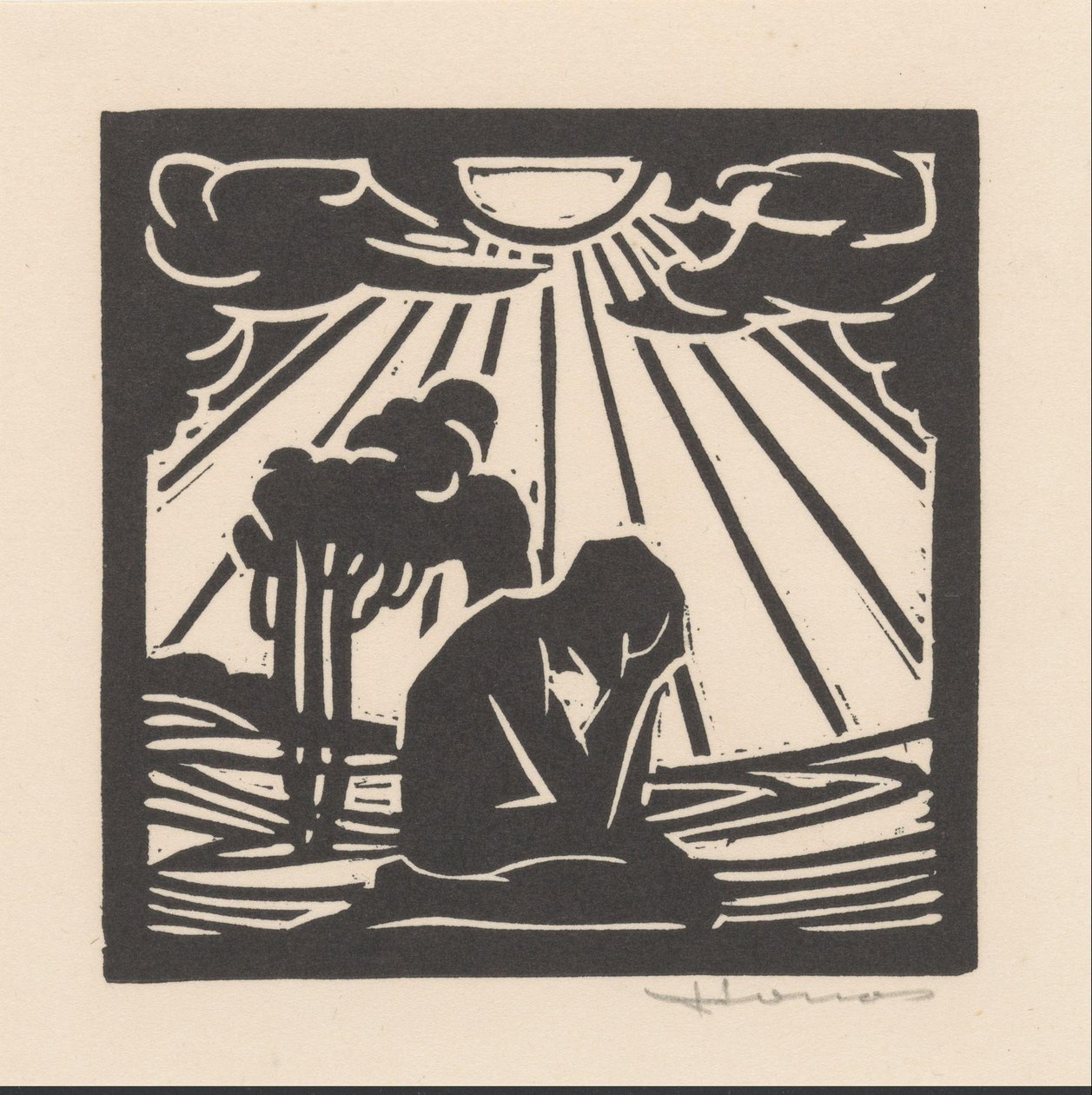 Knästående figur i ett landskap med träd av Henri Jonas (signed by artist)