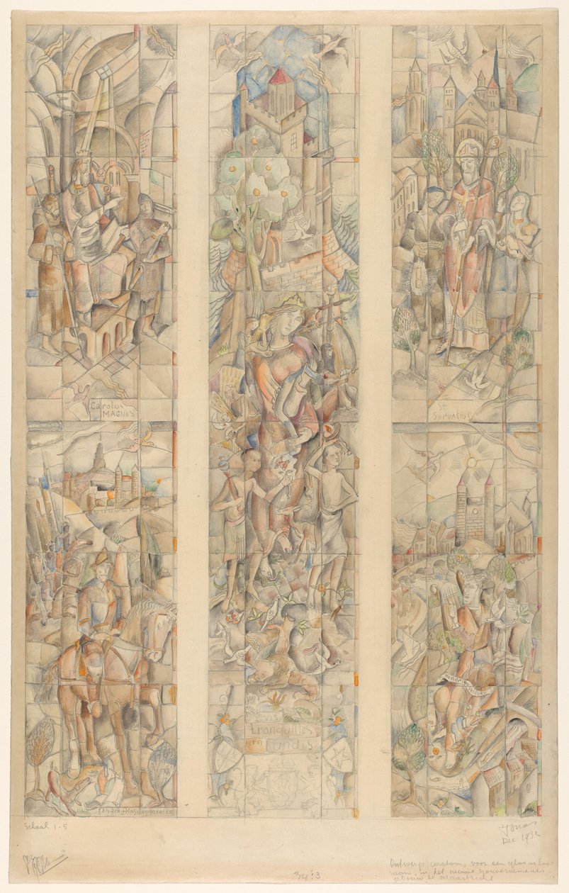 Designkartong för ett målat glasfönster, i den nya regeringsbyggnaden i Maastricht (originaltitel på objektet) av Henri Jonas (signed by artist)