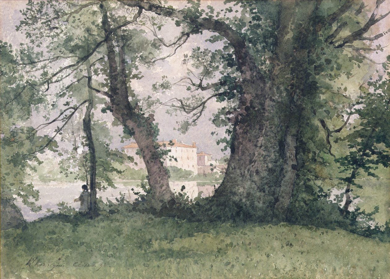 A Fisherman on a Riverbank, 1894 (wc på papper) av Henri Joseph Harpignies