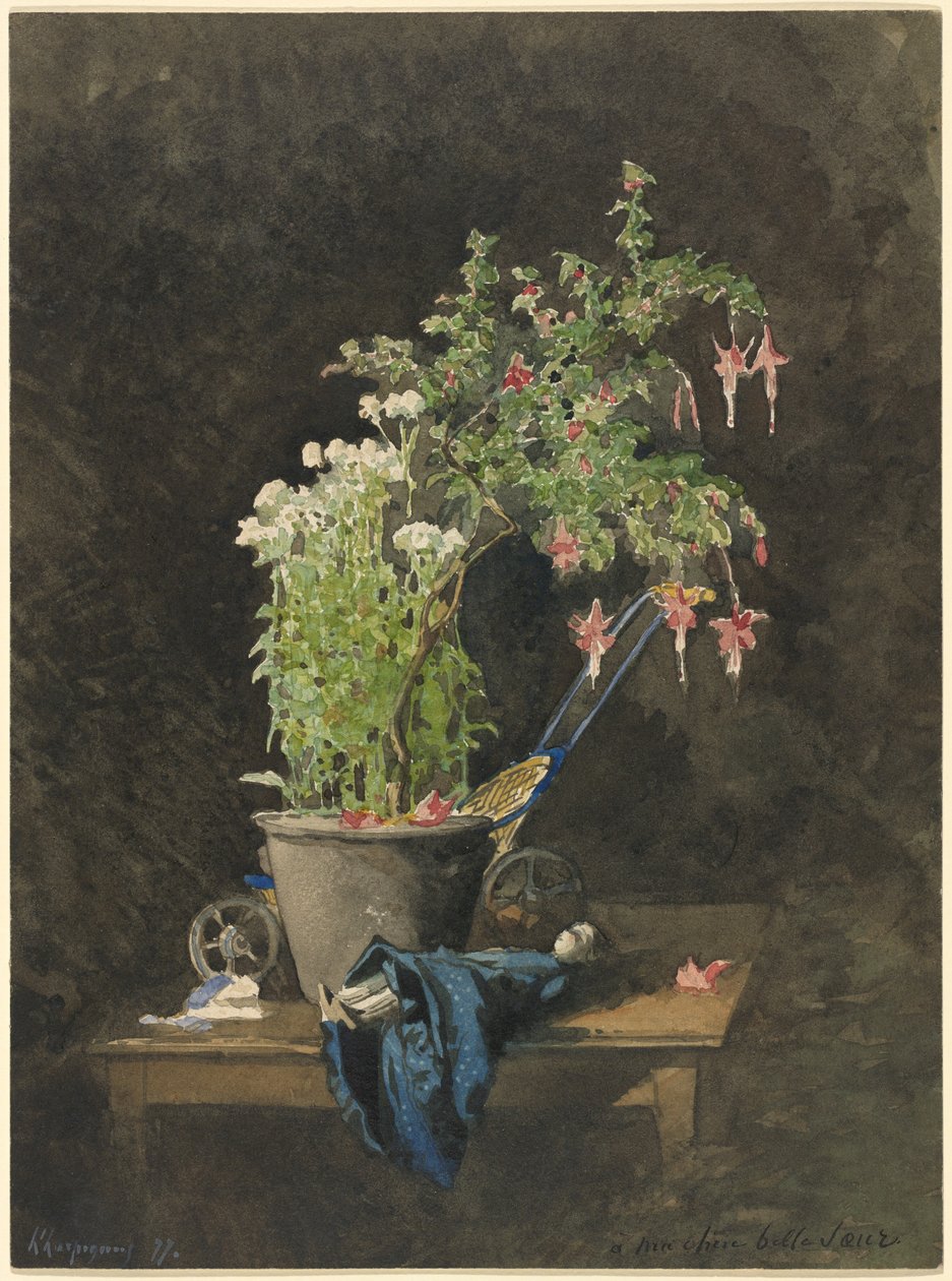 En Fuchsia i kruk med barnleksaker av Henri Joseph Harpignies