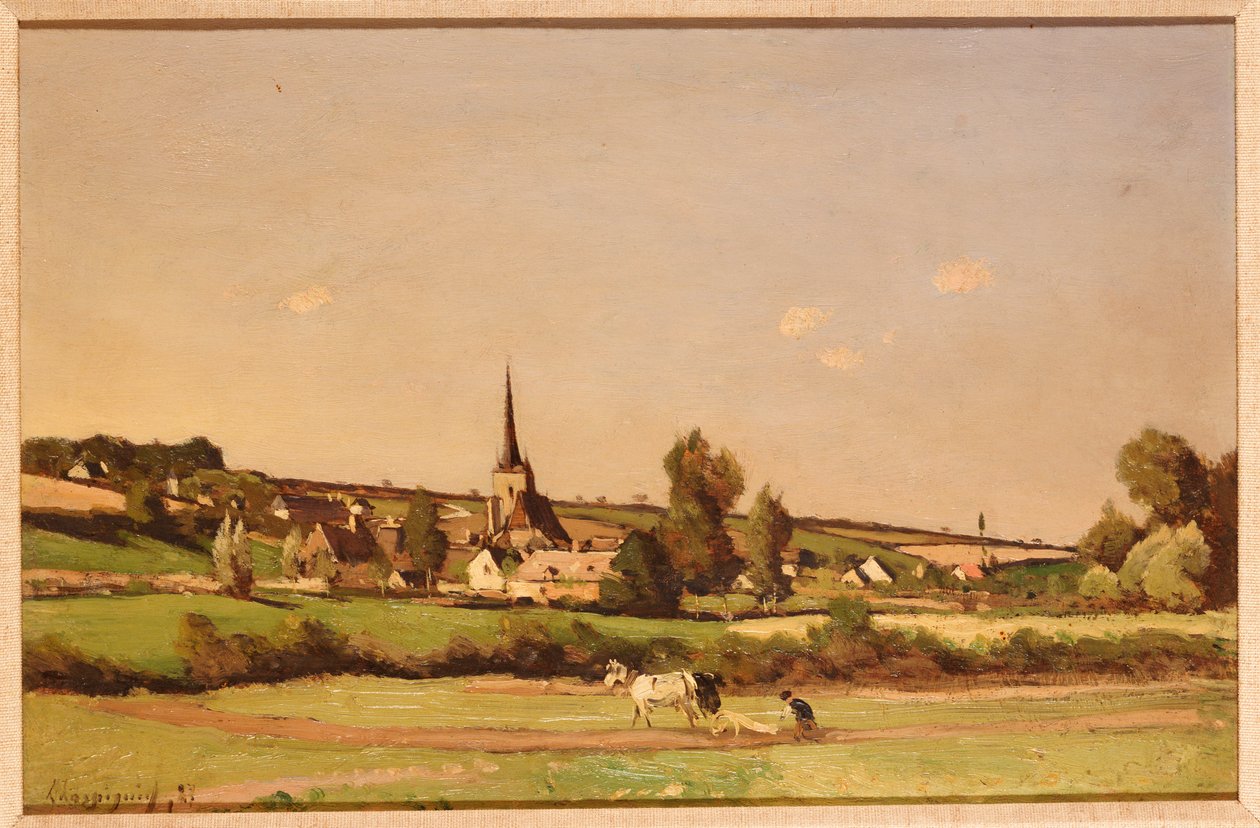 Ett vidsträckt landskap med en plogman och en by bortom av Henri Joseph Harpignies