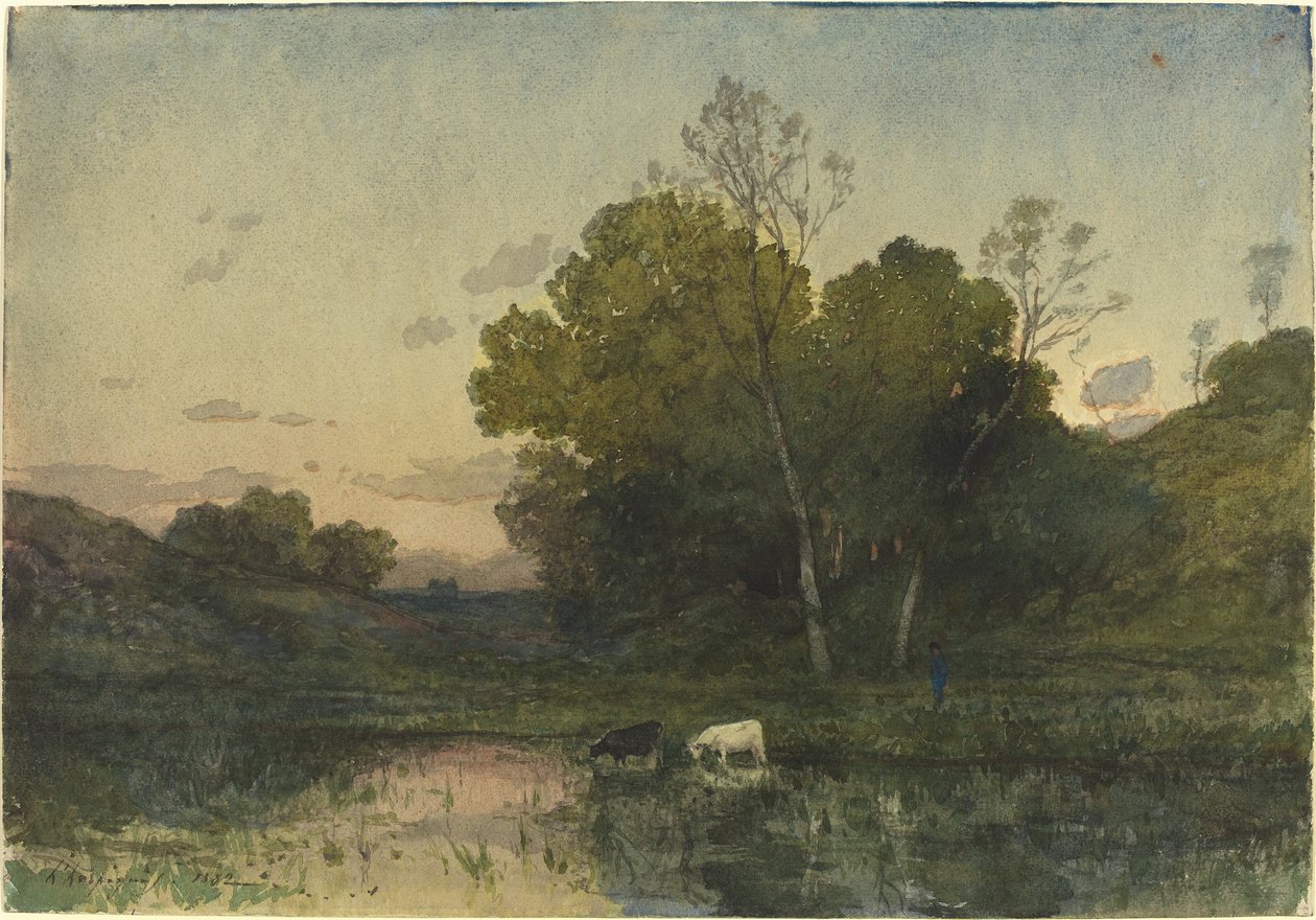 Kvällsljus på en trädbevuxen sjö med boskapsdrickande av Henri Joseph Harpignies