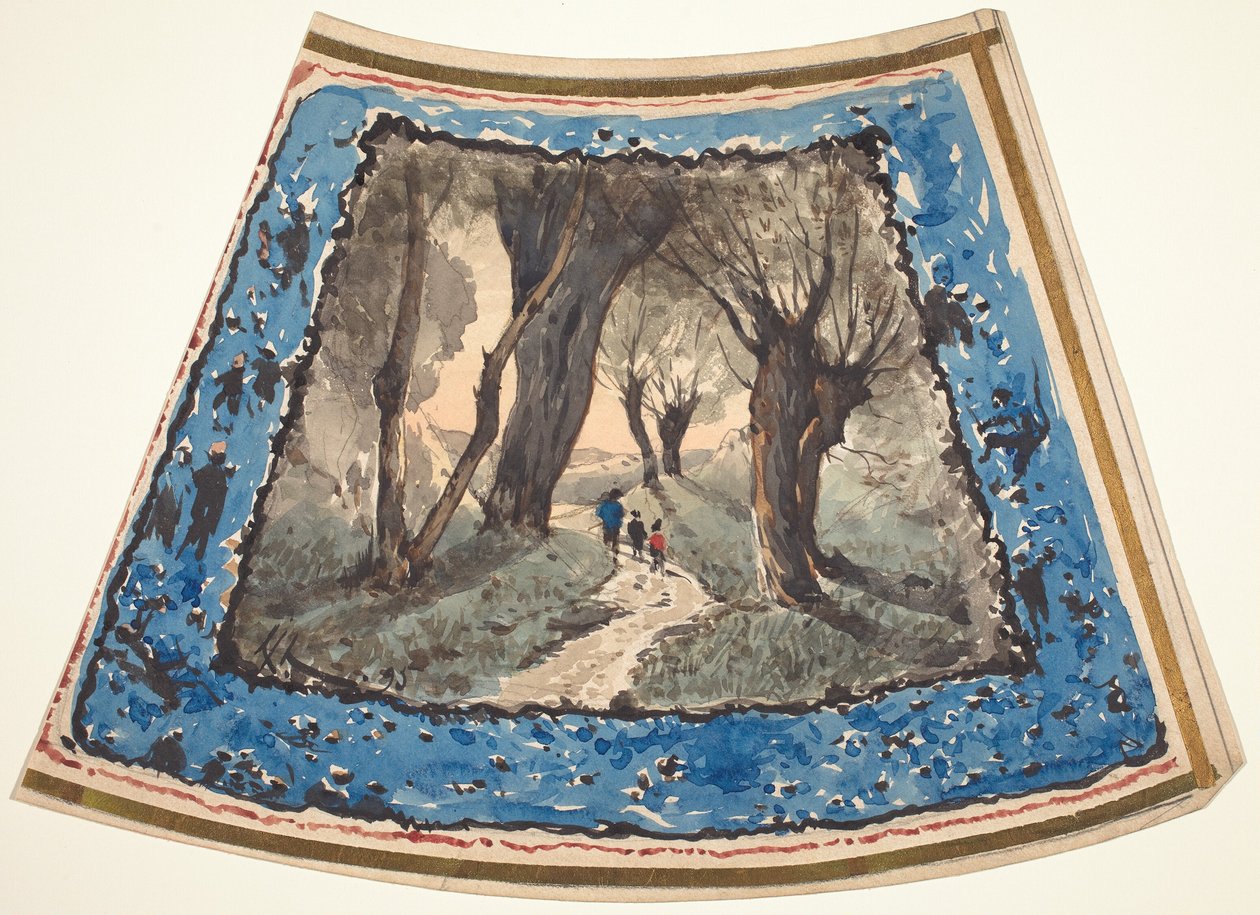 Resenärer på en skogbevuxen stig med en gräns av nyckfulla figurer och apor av Henri Joseph Harpignies