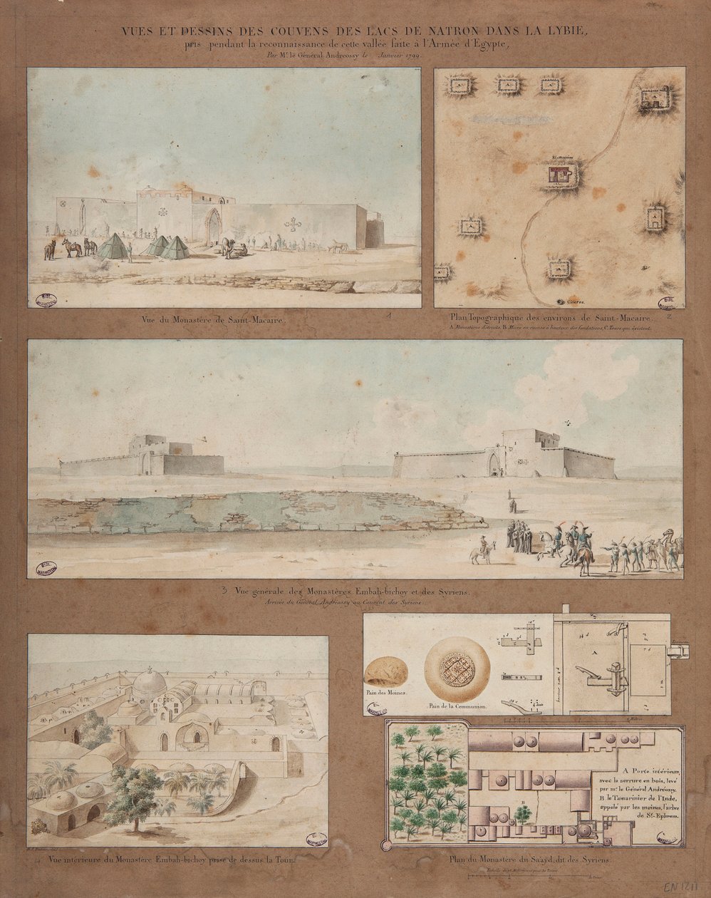 Sex vyer och teckningar av sjön Natron i Libyen, gjorda under den egyptiska arméns spaningsuppdrag ledd av general Andreossy, 1799 (penna, bläck och wc på papper) av Pierre Joseph Redouté