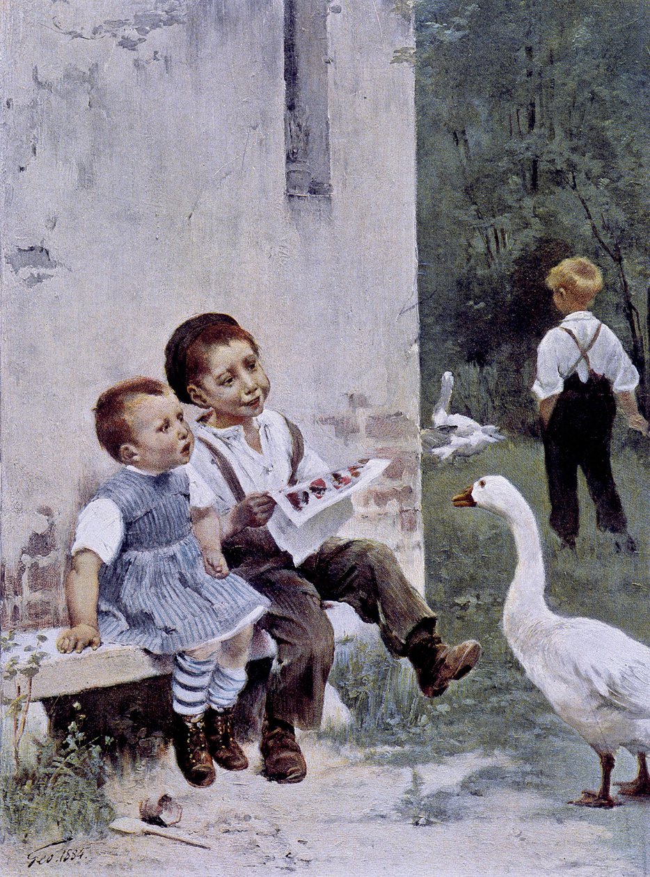 Utbildning: barn som läser och gås tittar på dem - sjuk. av Geoffroy, i "" Figaro Illustré""", maj 1901 av Henri Jules Jean Geoffroy