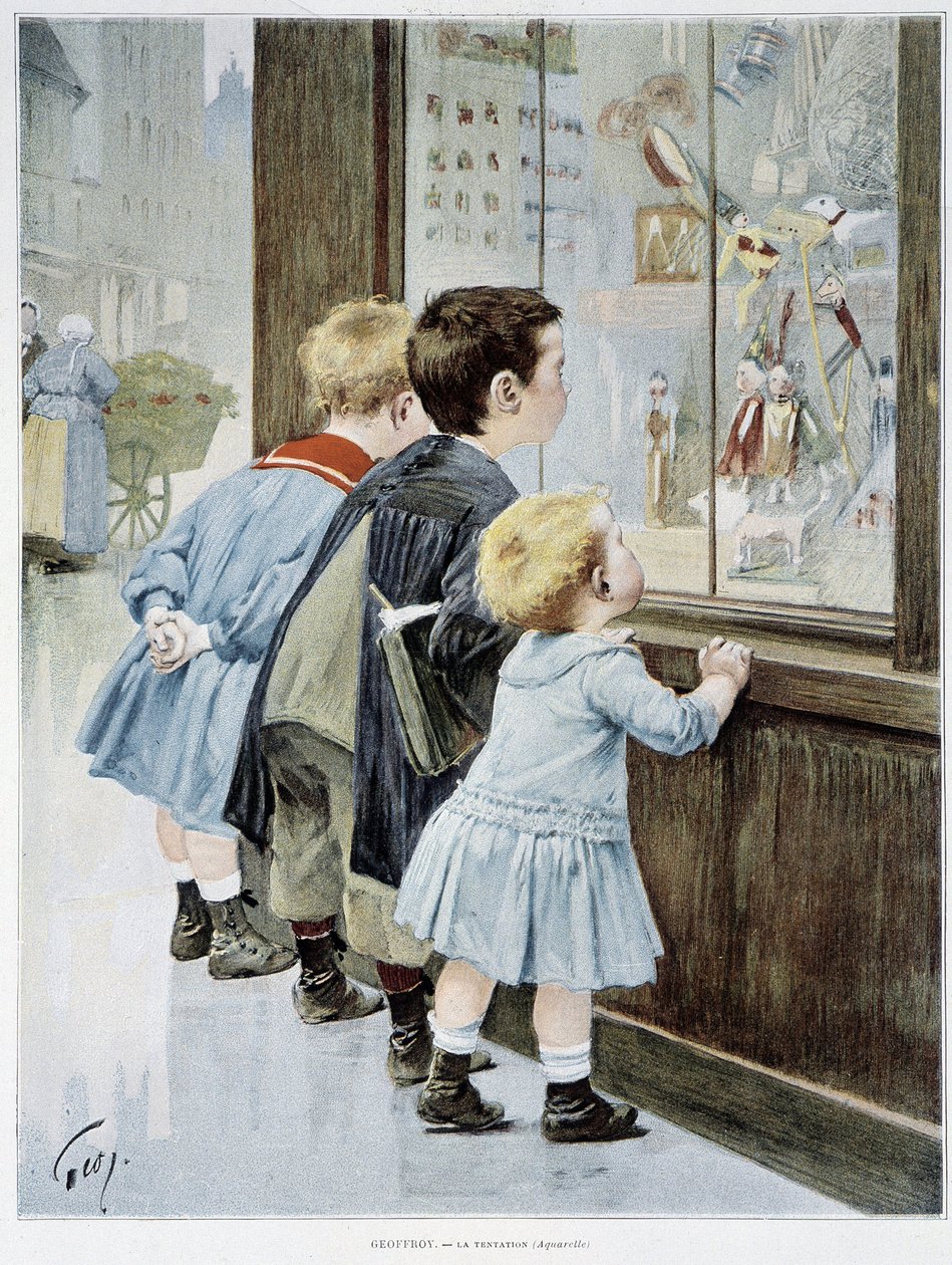 La Temptation: Barn framför en monter tittar på leksaker - sjuk. av Geoffroy, i "" Figaro illustrerad""" av Henri Jules Jean Geoffroy