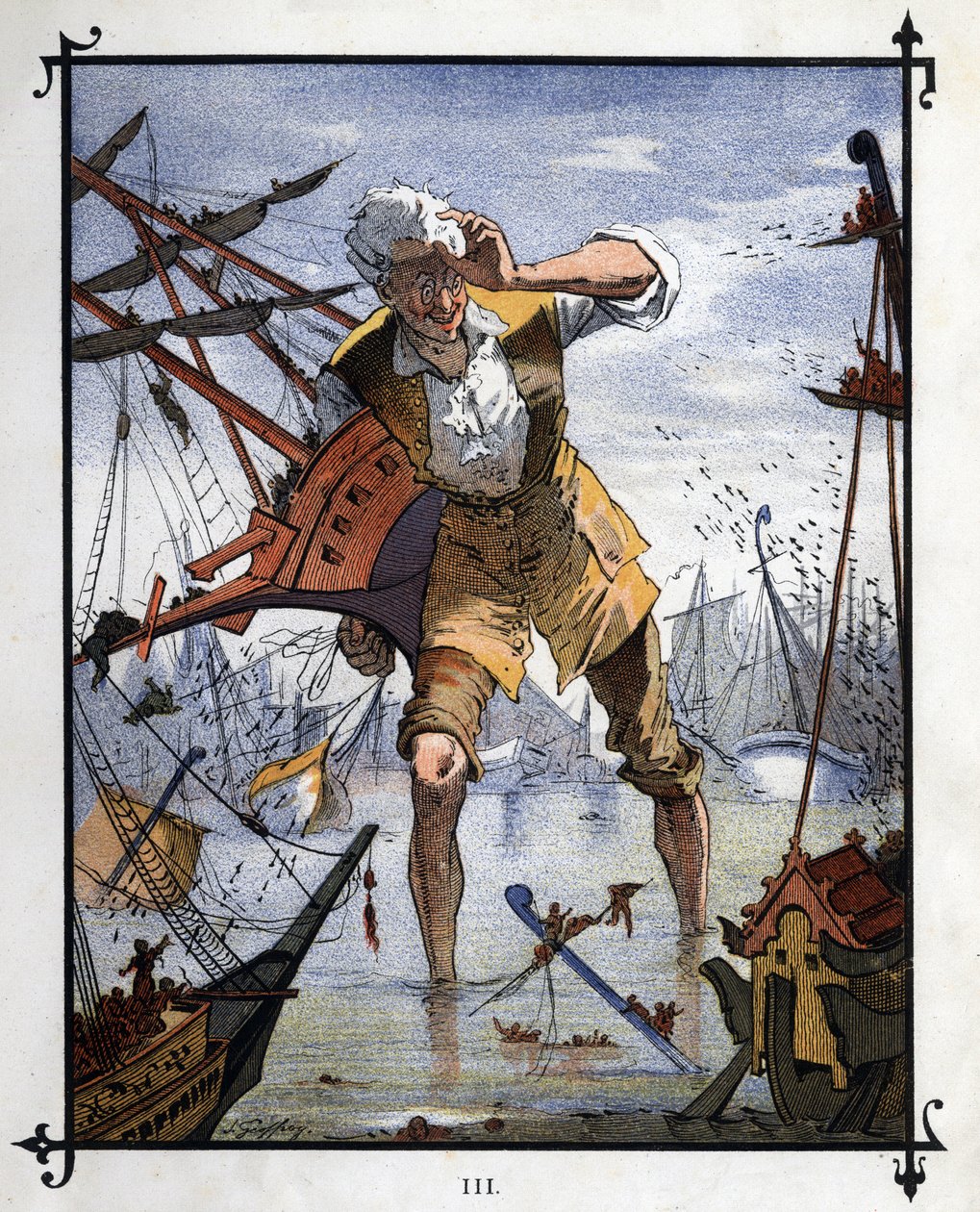 Lemuel Gulliver i mitten av ett sjöslag mellan fartygen Lilliput och Blefuscu. Illustration för "" Gulliver