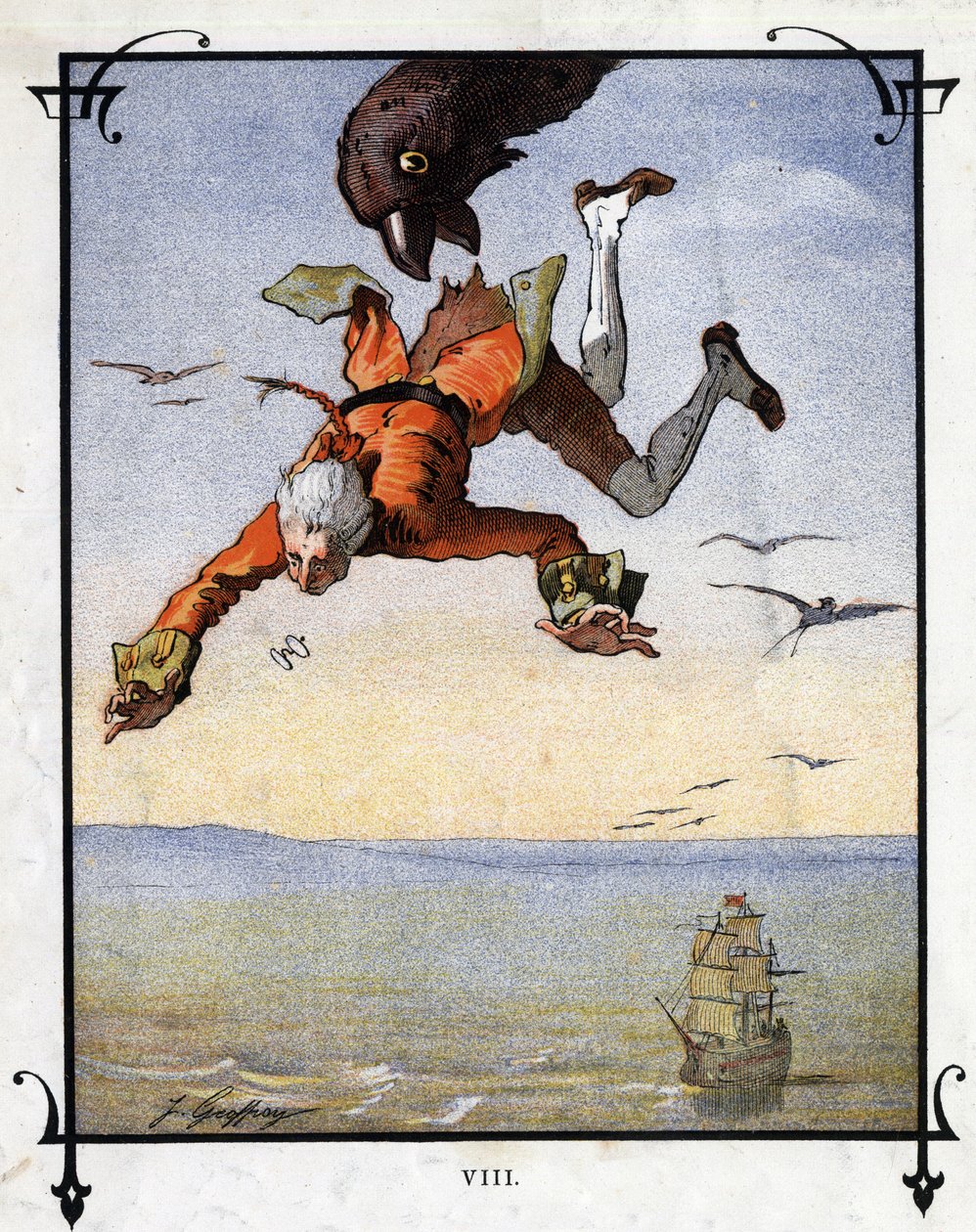 Lemuel Gulliver förs bort av en örn. Illustration för "" Gulliver