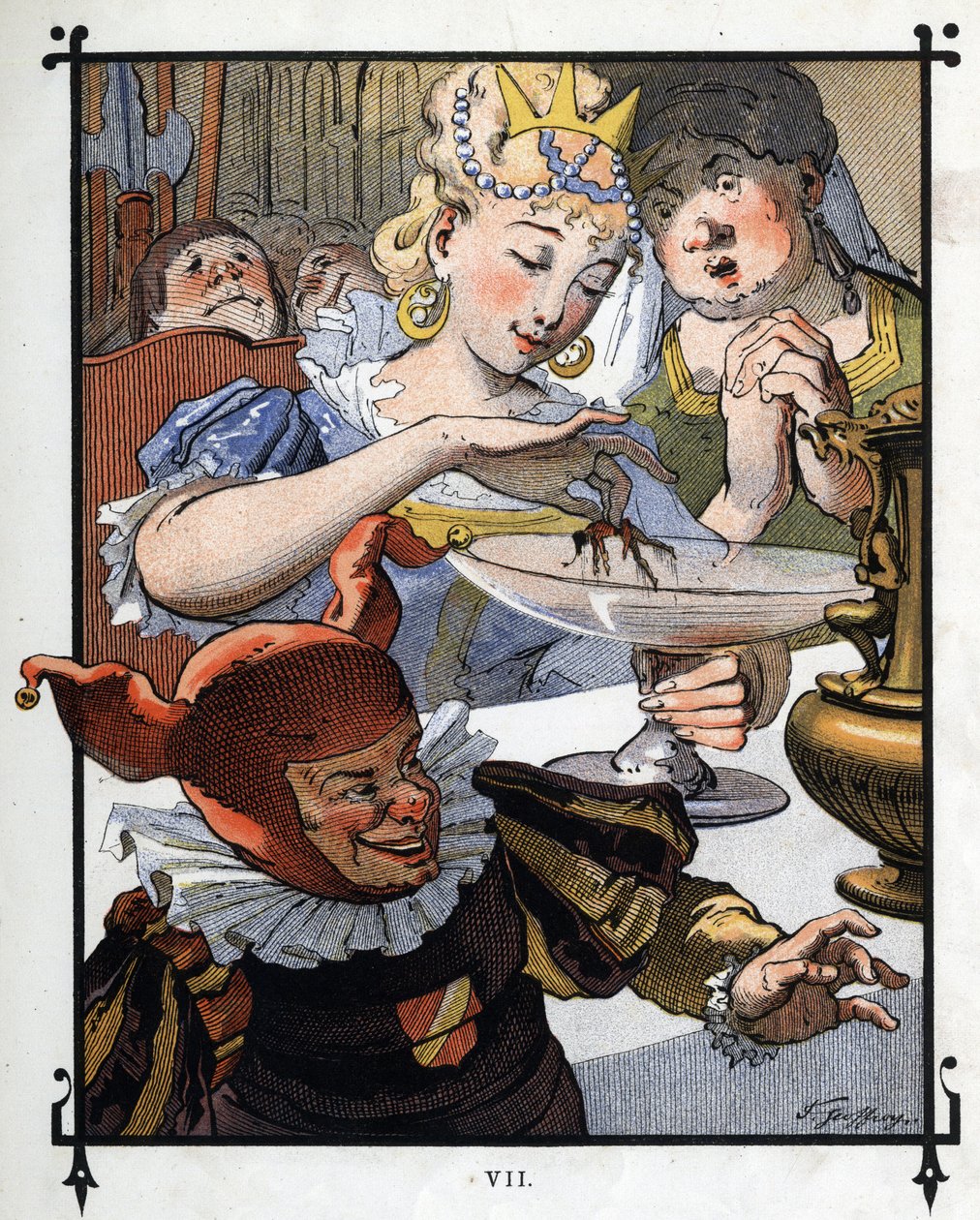 Lemuel Gulliver är ommålad av ett fat där han föll av drottningen av Brobdingnag. Illustration för "" Gulliver